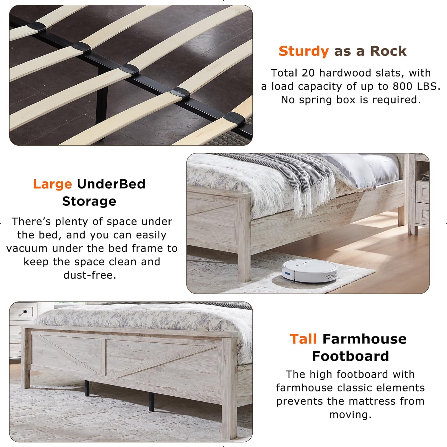 Farmhouse Queen Bed Frame with Storage Headboard, Sliding Barn Door