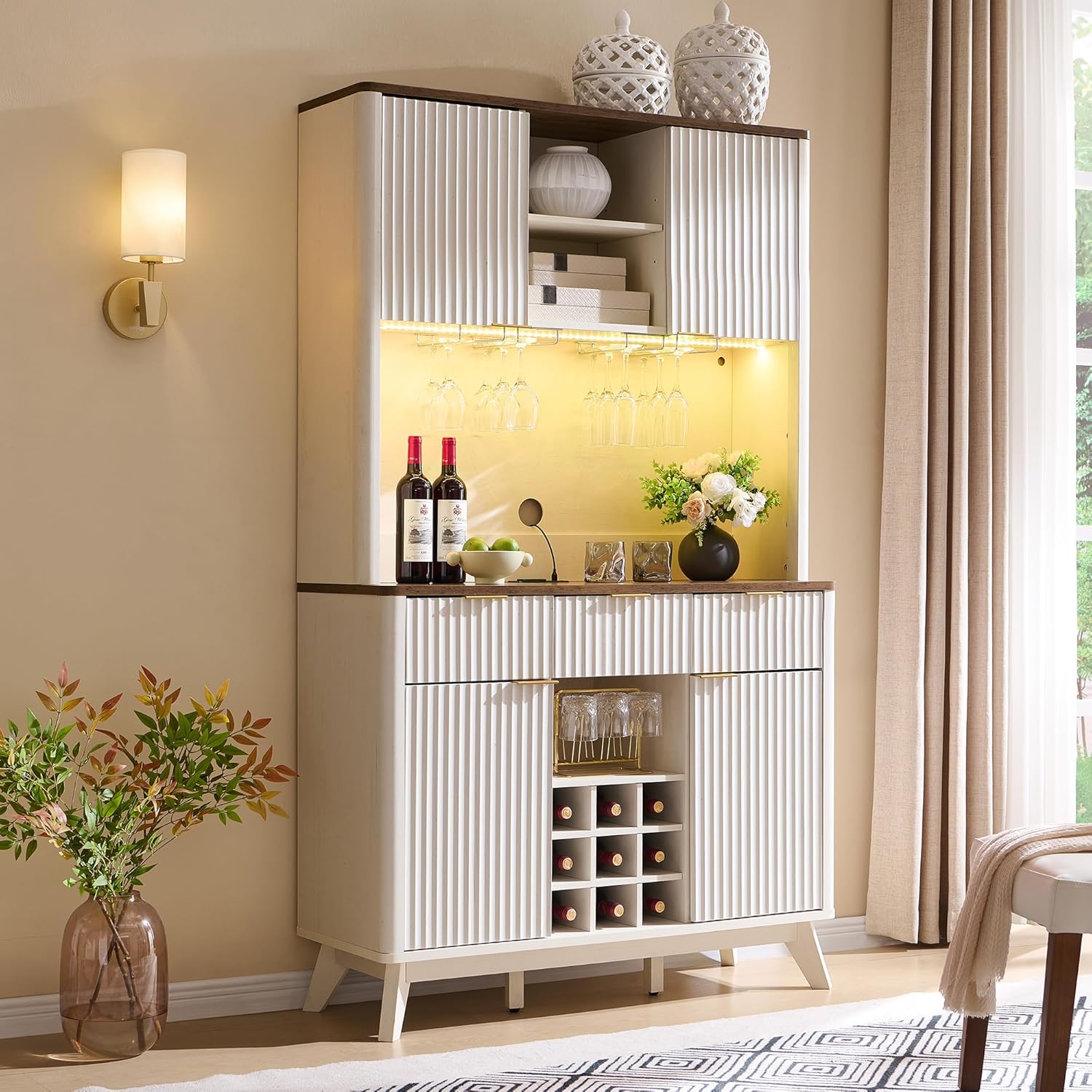 72" Tall Wine Bar Cabinet with Hutch, LED Lights & Storage
