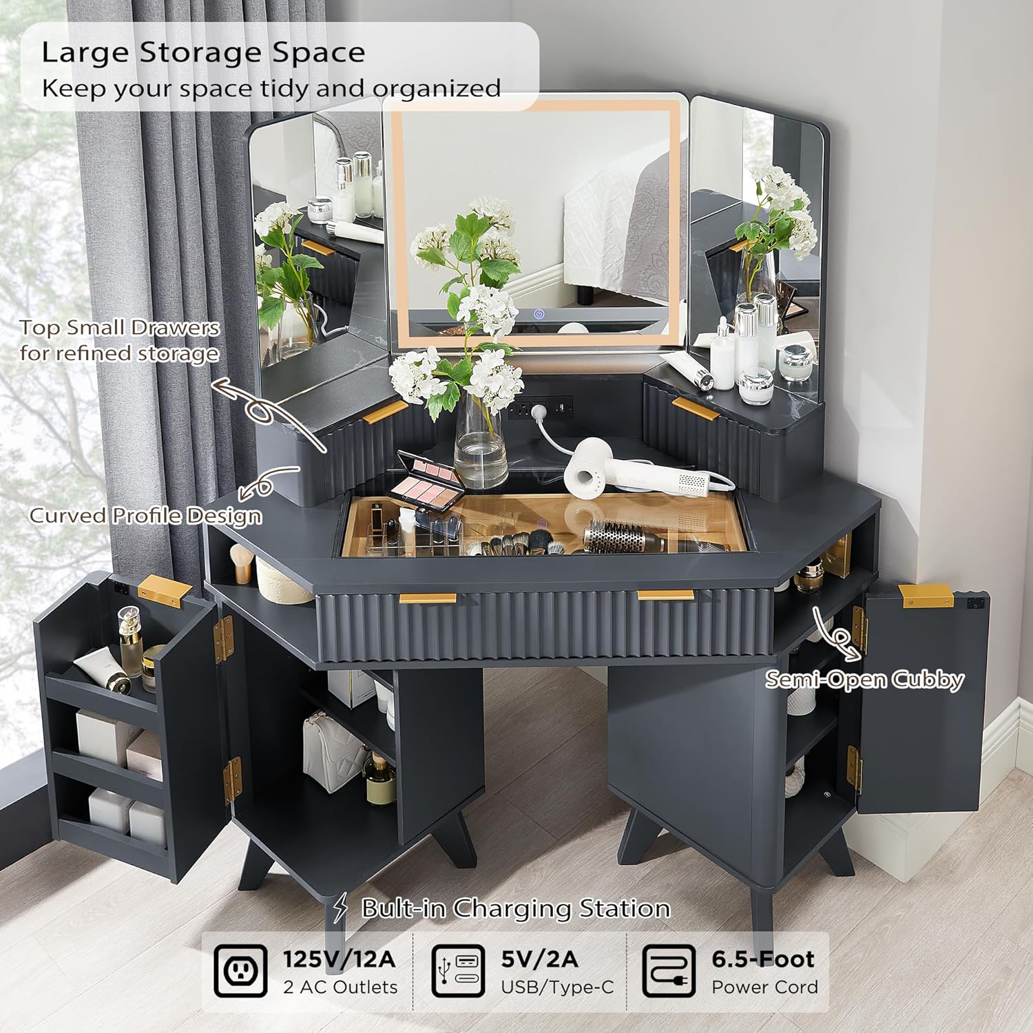 Fluted Makeup Vanity Desk with 3-Way Mirror and Lights