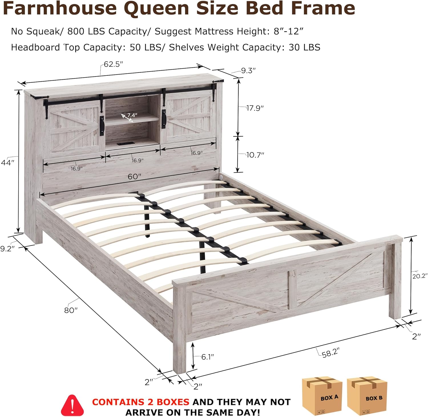 Farmhouse Queen Bed Frame with Storage Headboard, Sliding Barn Door
