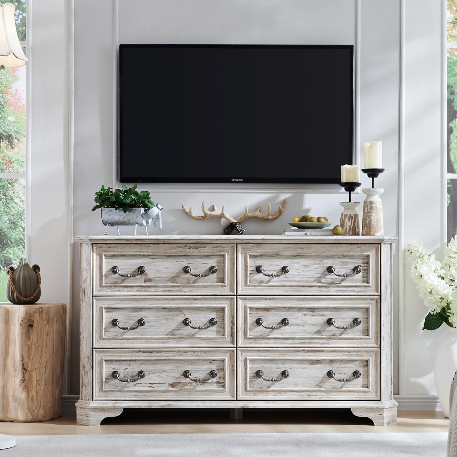 Wide Rustic Farmhouse 6-Drawer Dresser | Distressed White Wood