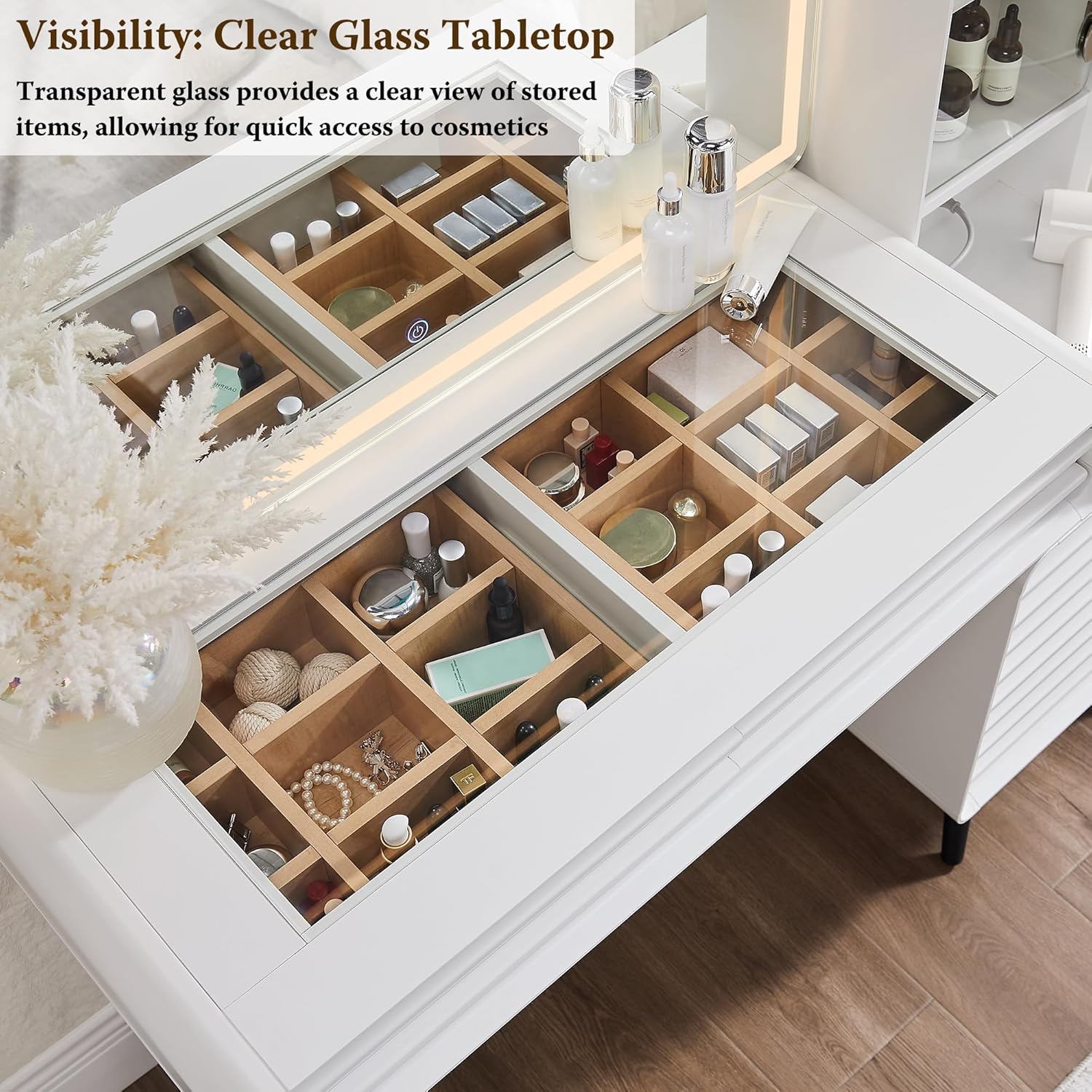 Fluted Makeup Vanity Desk with Lighted Mirror and Charging Station