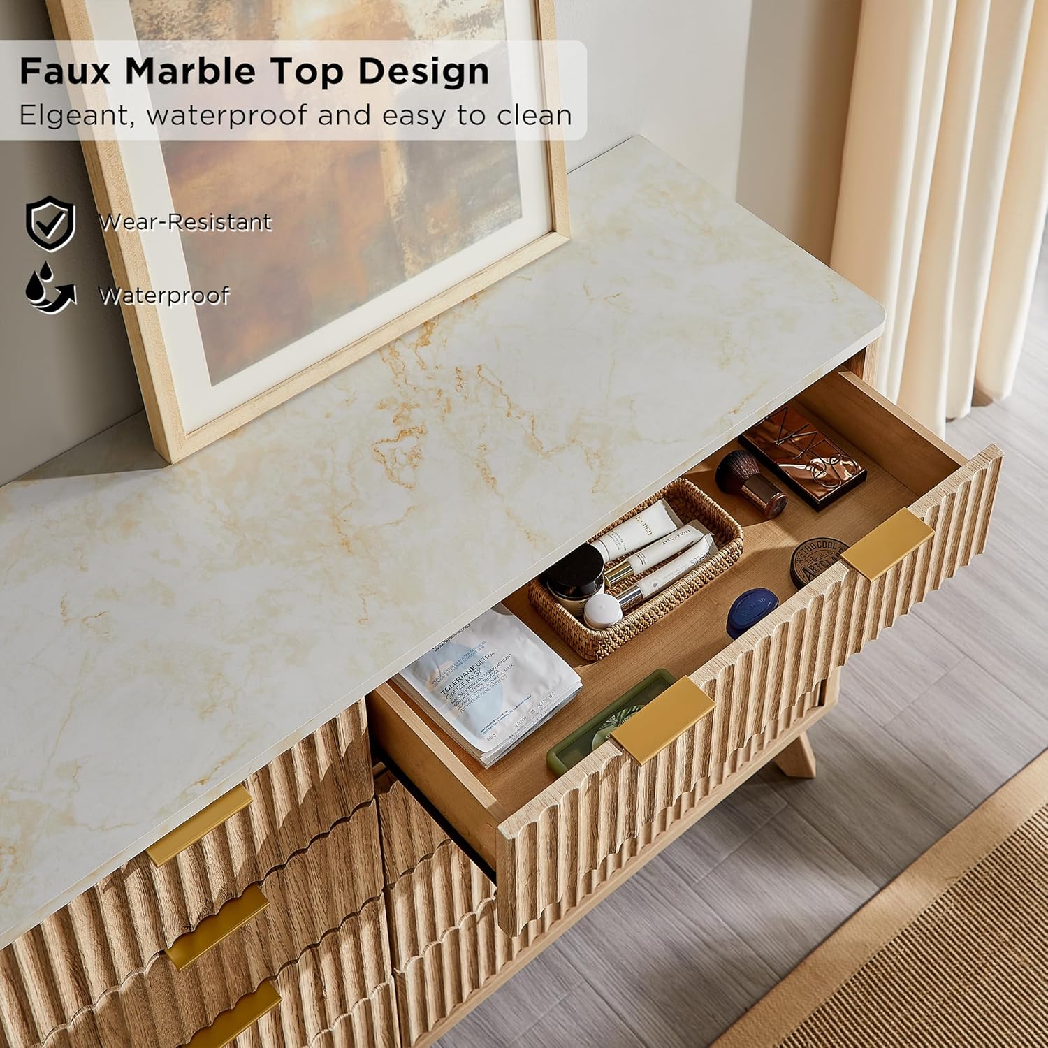 Modern Fluted 8-Drawer Dresser, Wide Chest with Faux Marble Top