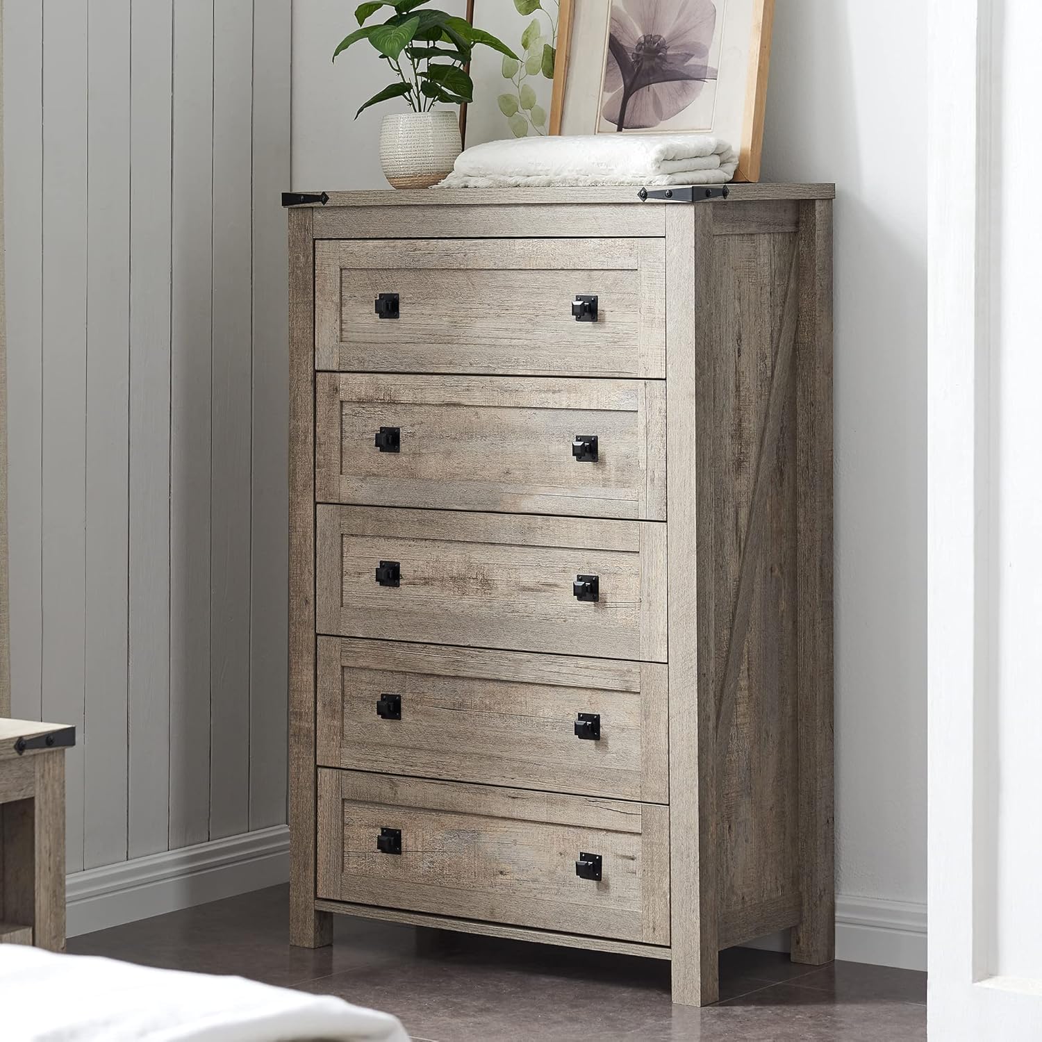T4TREAM Farmhouse 5 Drawer Dresser - Rustic Wood Chest