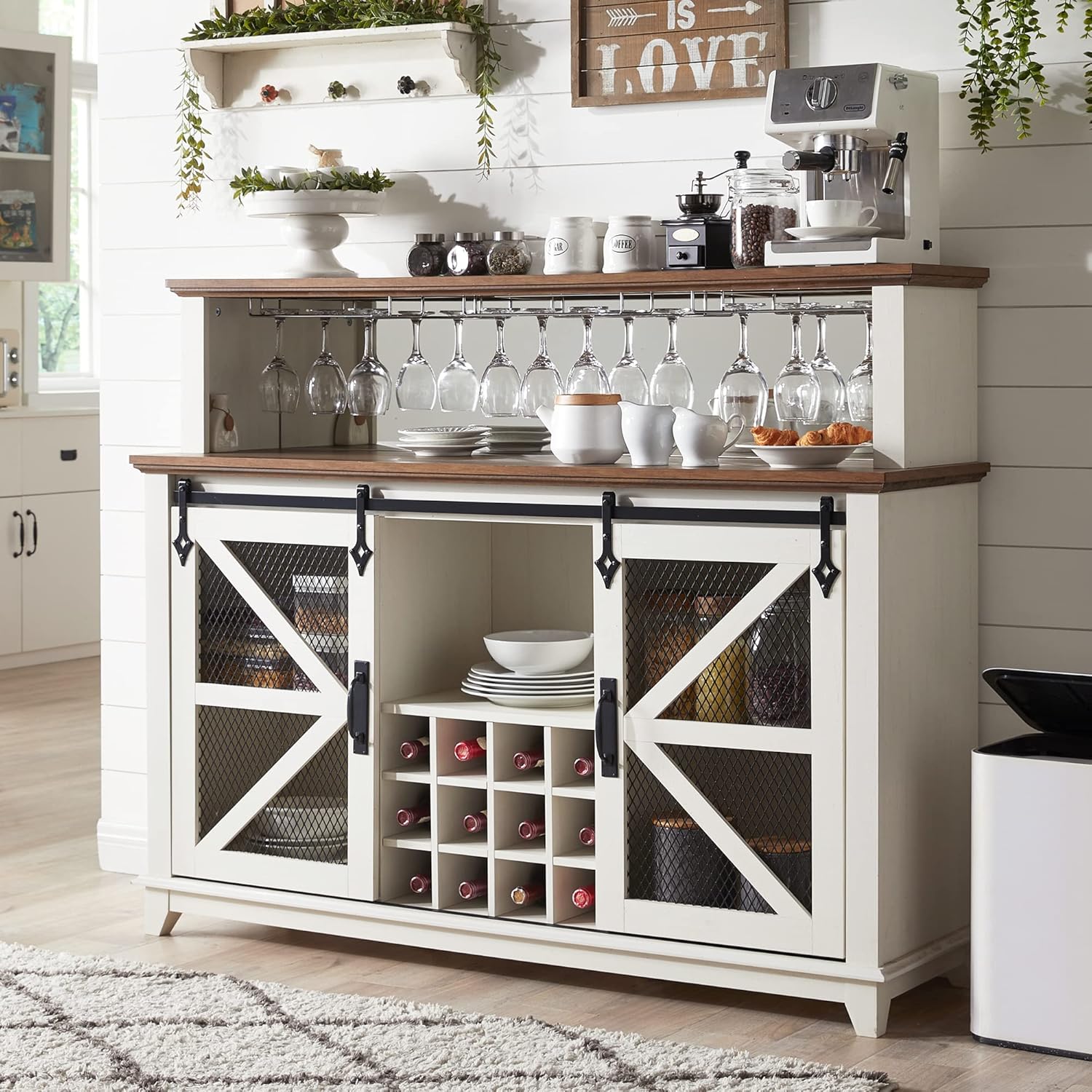 Farmhouse Coffee Bar Cabinet with LED Lights Antique White, 55-Inch