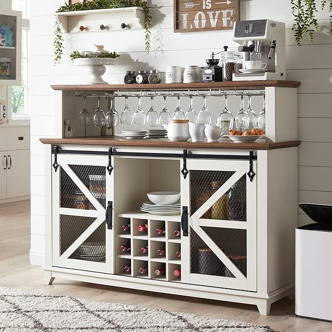 Farmhouse Coffee Bar Cabinet with LED Lights Antique White, 55-Inch
