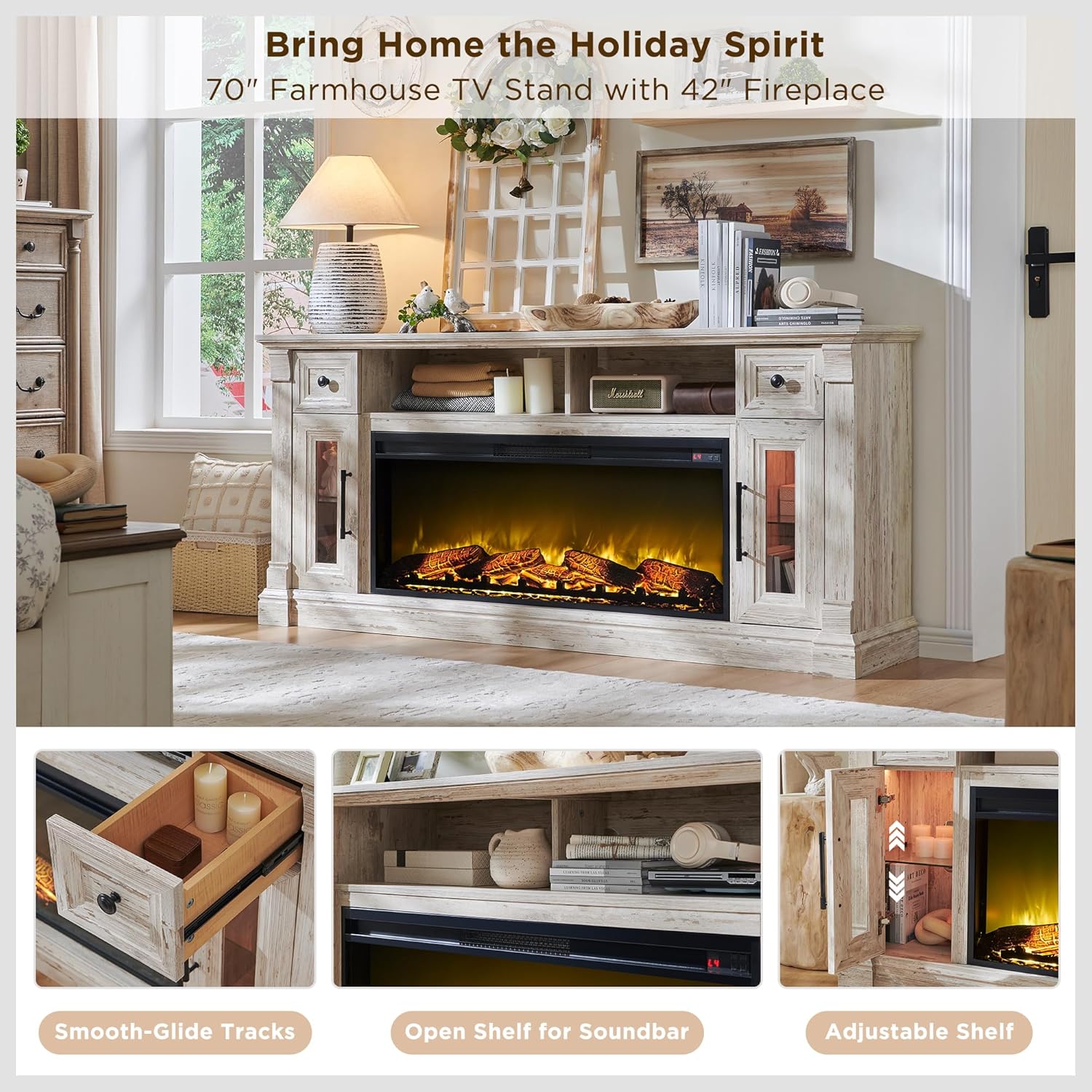 OKD Farmhouse Fireplace TV Stand for 80 Inch TVs