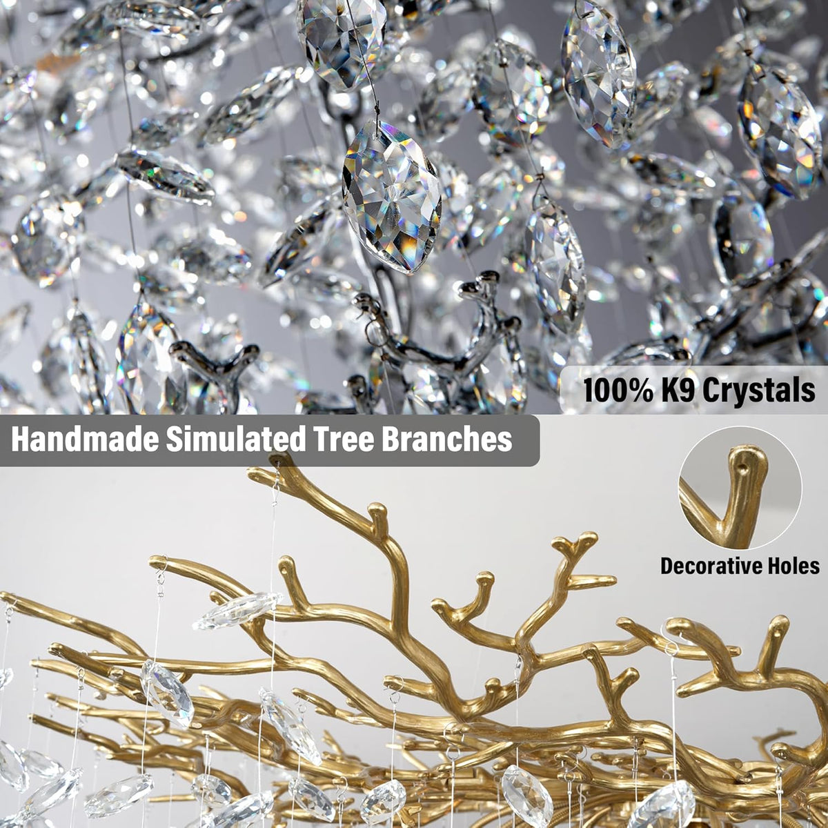 63'' Long Crystal Chandelier for High Ceiling, 28-Light Modern Gold Tree Branch Chandelier, Large Chandeliers for Foyer Entryway Staircase Living Room, 5-Tier Luxury K9 Crystal Raindrop Light Fixture