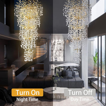 63'' Long Crystal Chandelier for High Ceiling, 28-Light Modern Gold Tree Branch Chandelier, Large Chandeliers for Foyer Entryway Staircase Living Room, 5-Tier Luxury K9 Crystal Raindrop Light Fixture