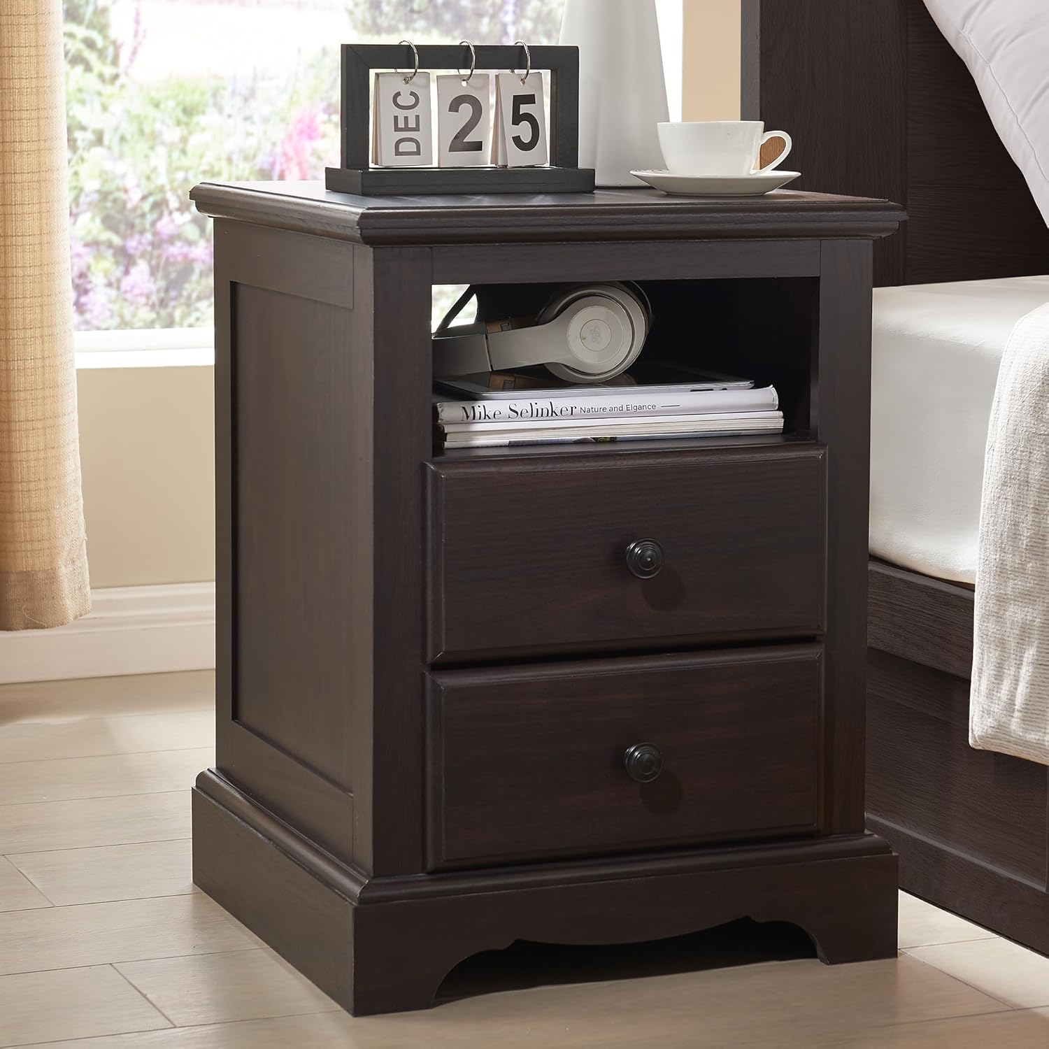 T4TREAM Espresso Nightstand with Charging Station and Two Drawers