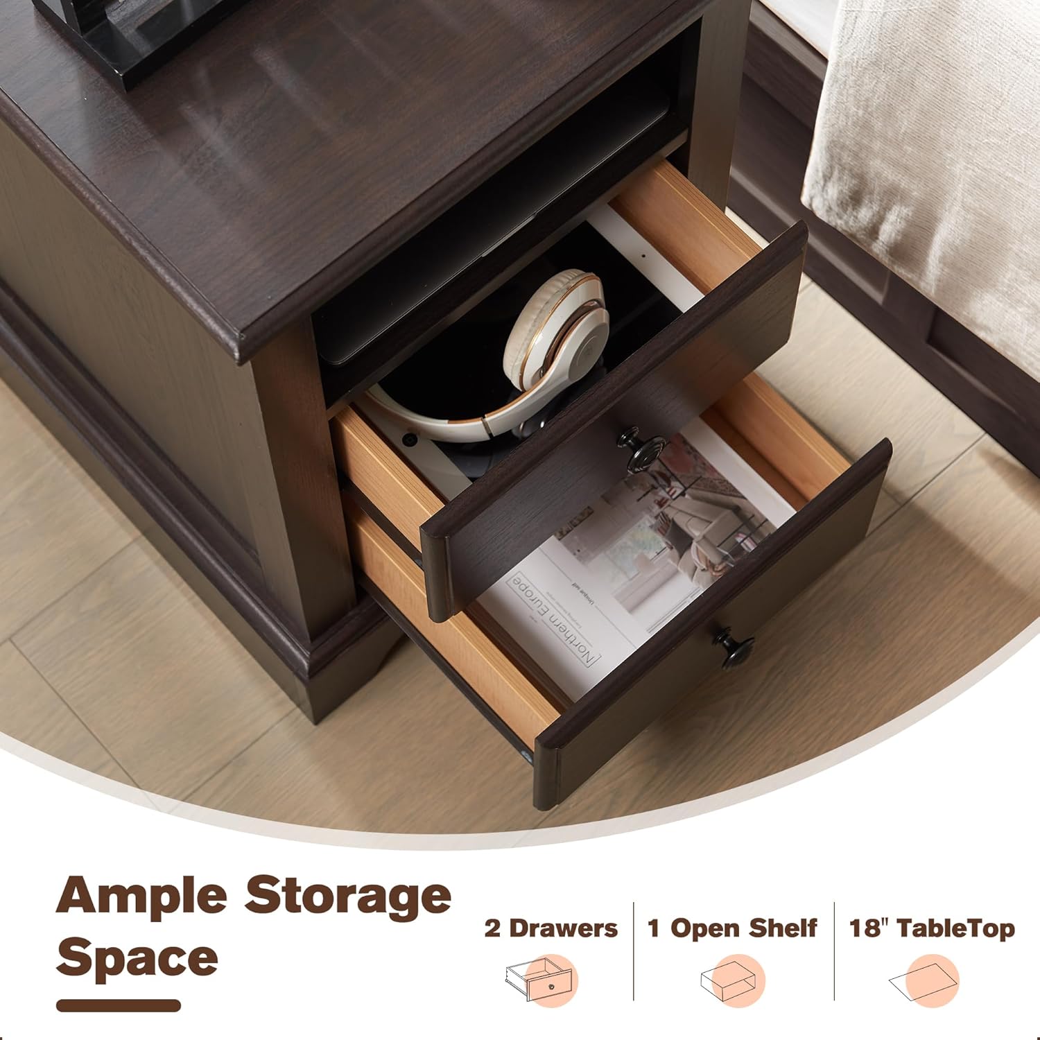 T4TREAM Espresso Nightstand with Charging Station and Two Drawers