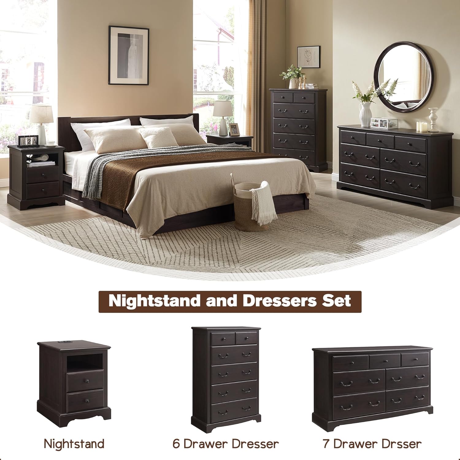 T4TREAM Espresso Nightstand with Charging Station and Two Drawers