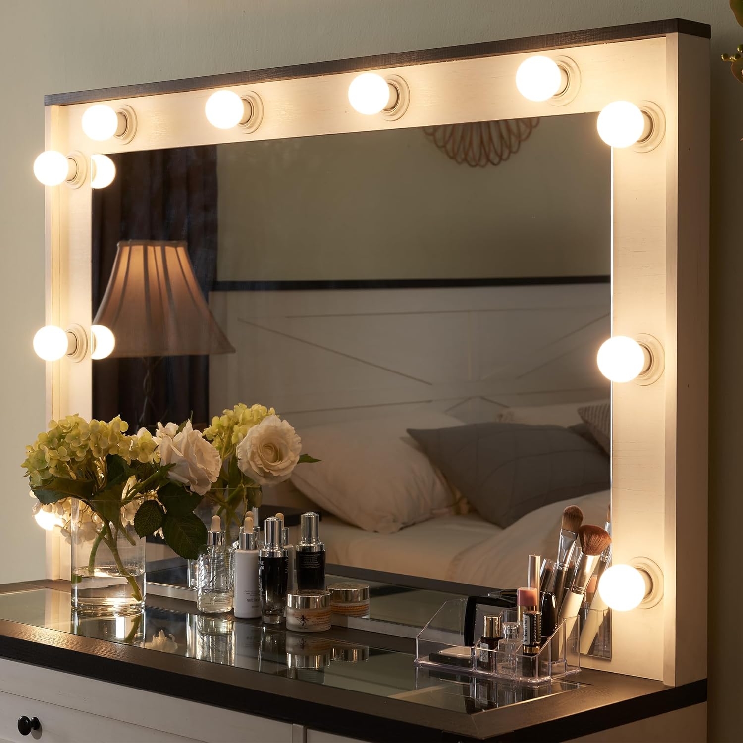Farmhouse Vanity Desk with Hollywood Mirror, Drawers, Cabinets & Stool