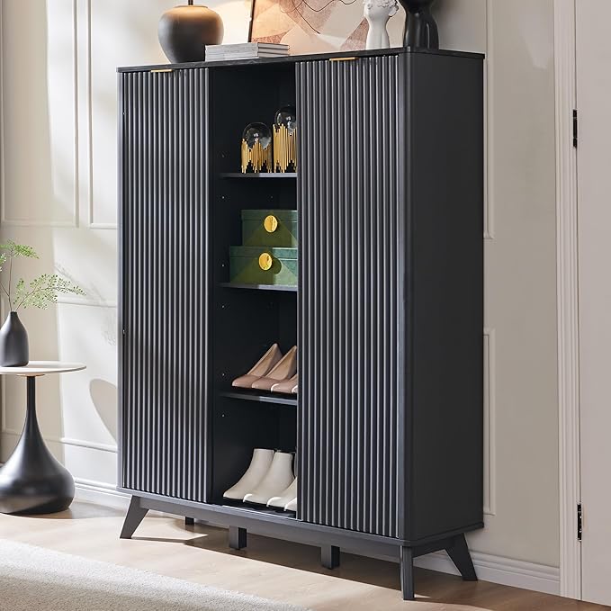 Fluted Shoe Storage Cabinet with Sliding Doors and Adjustable Shelves