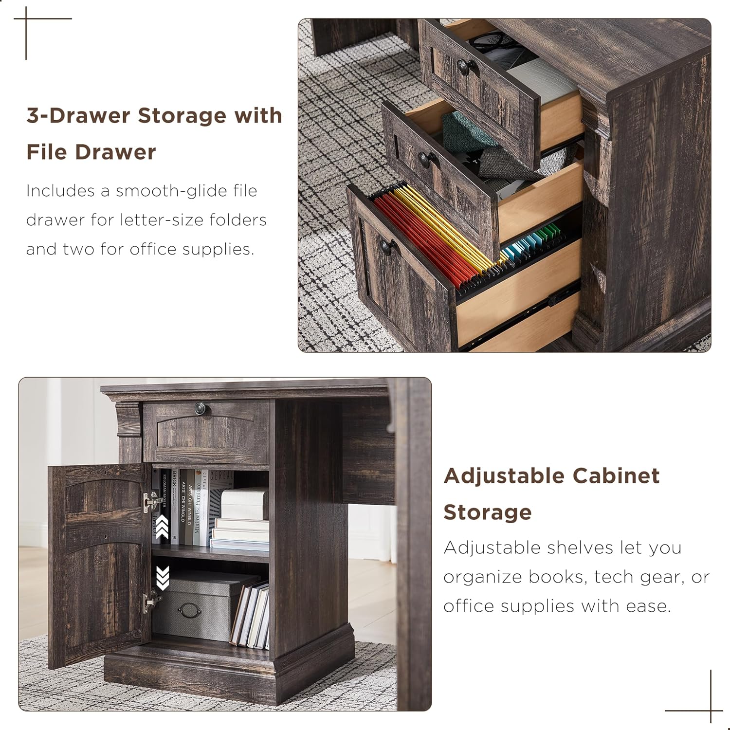 Farmhouse Rustic 60" L-Shaped Executive Desk with Charging Station