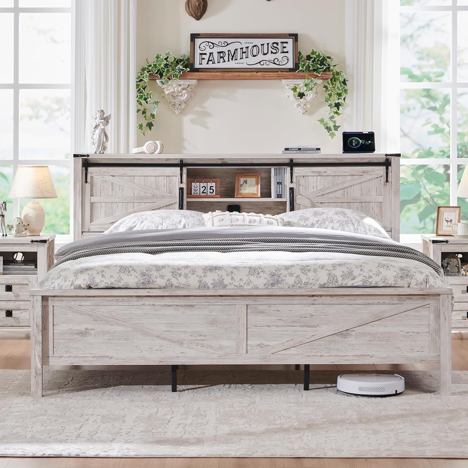 Farmhouse Queen Bed Frame with Storage Headboard, Sliding Barn Door