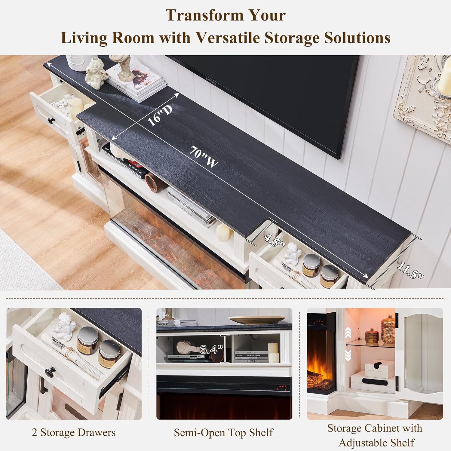 Farmhouse TV Stand with 36" Fireplace & LED - Antique White