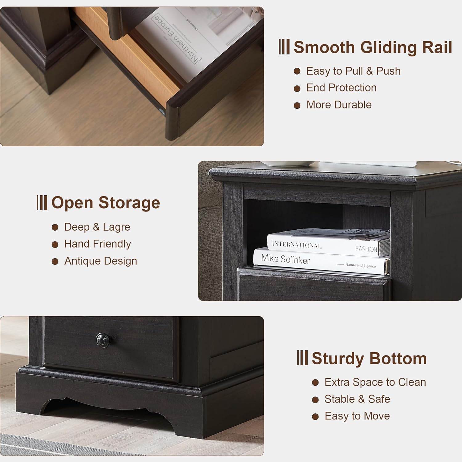 T4TREAM Espresso Nightstand with Charging Station and Two Drawers