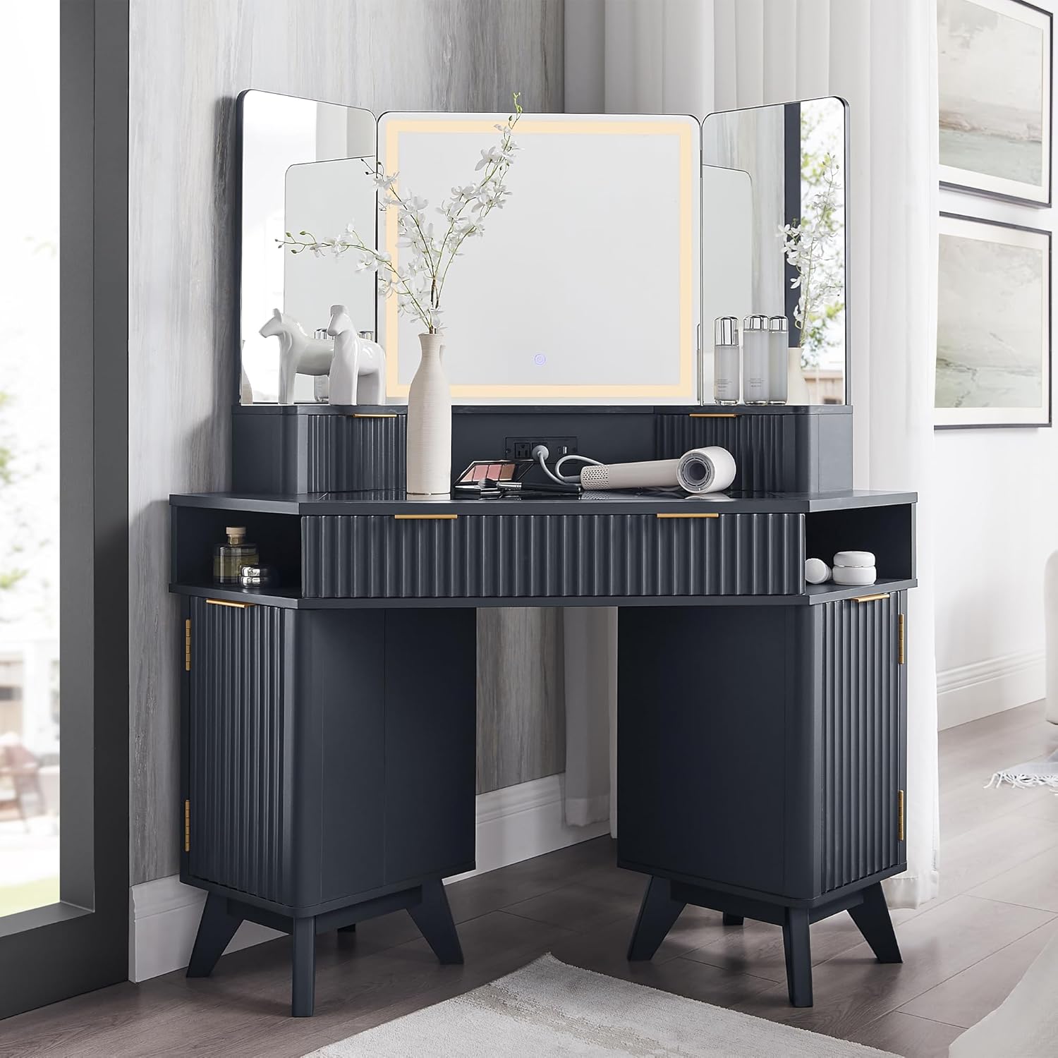 Fluted Makeup Vanity Desk with 3-Way Mirror and Lights