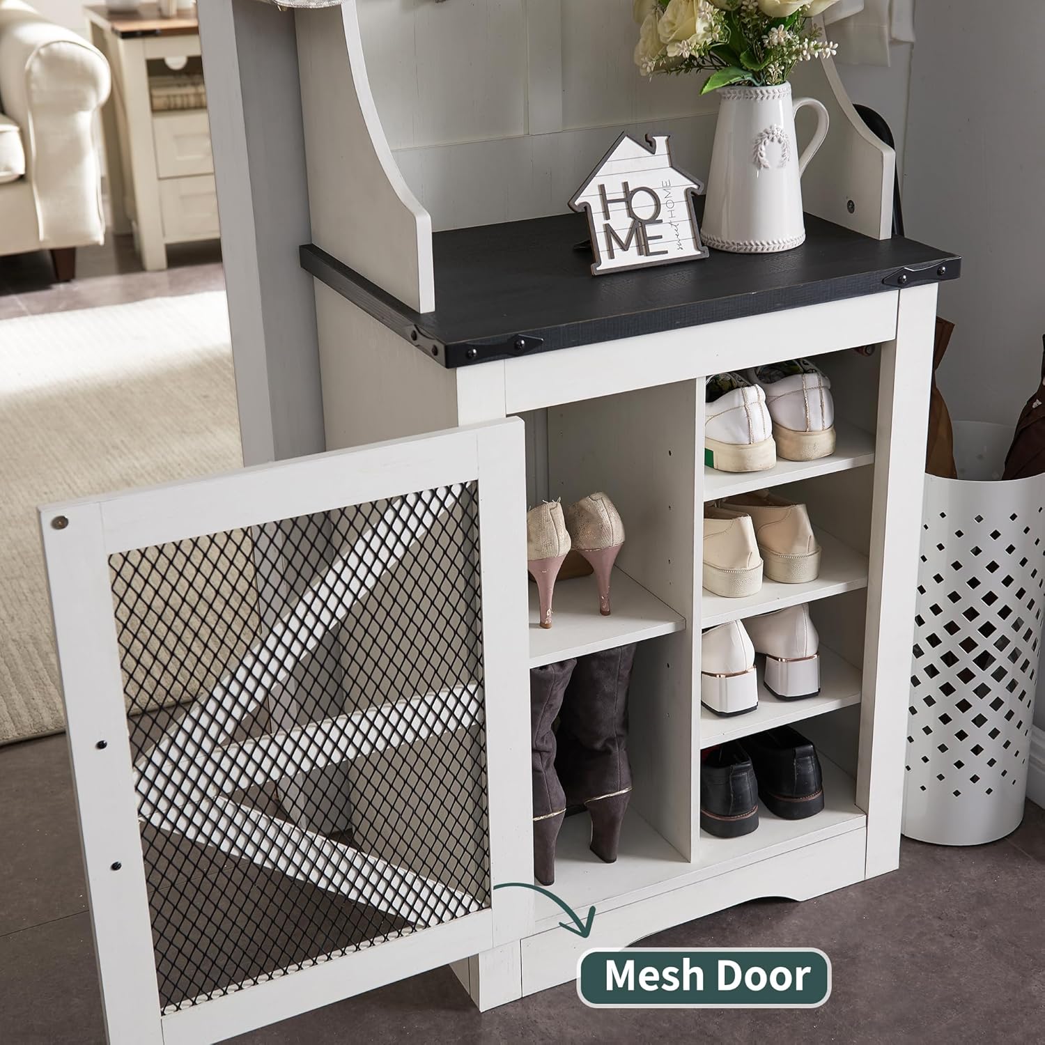 JXQTLINGMU Farmhouse Hall Tree with Shoe Storage Bench & 5 Hooks