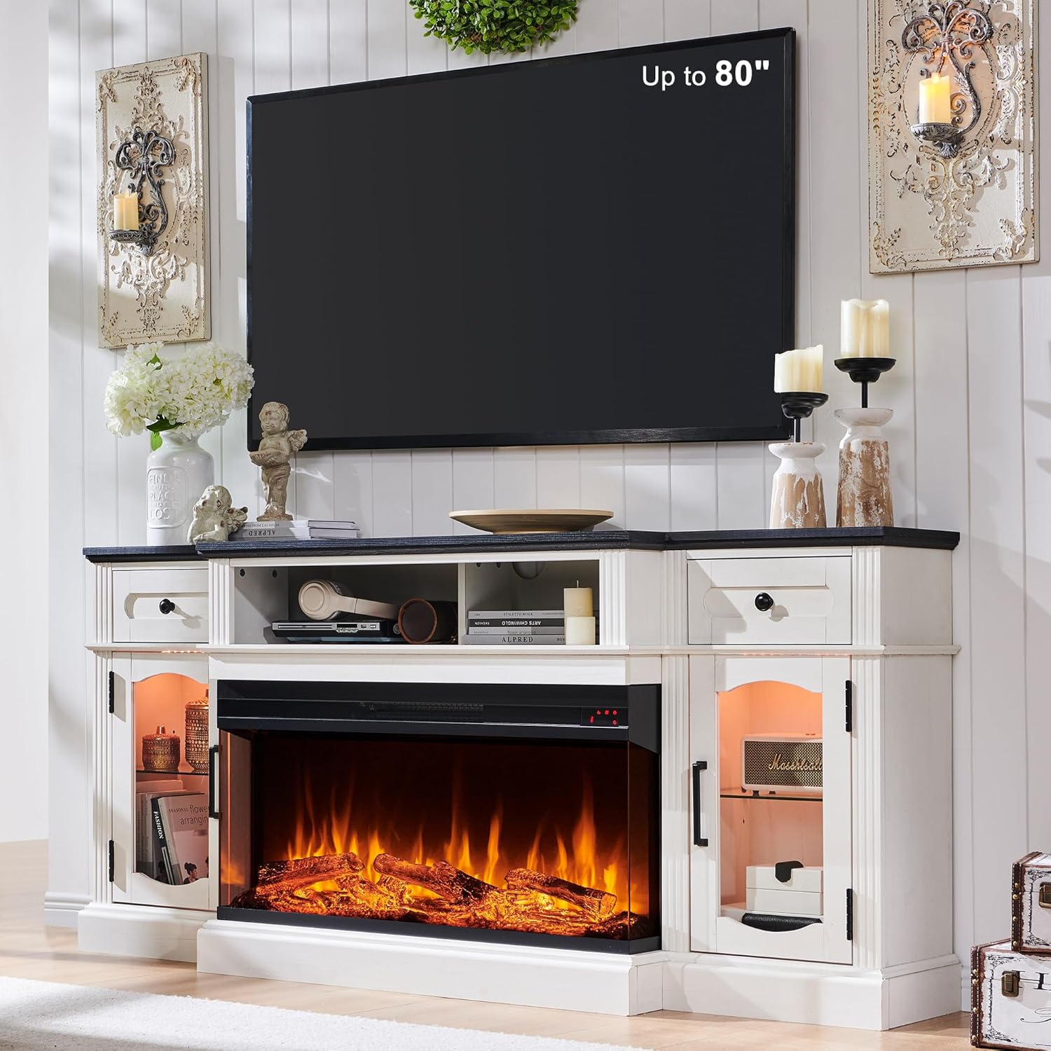 Farmhouse TV Stand with 36" Fireplace & LED - Antique White