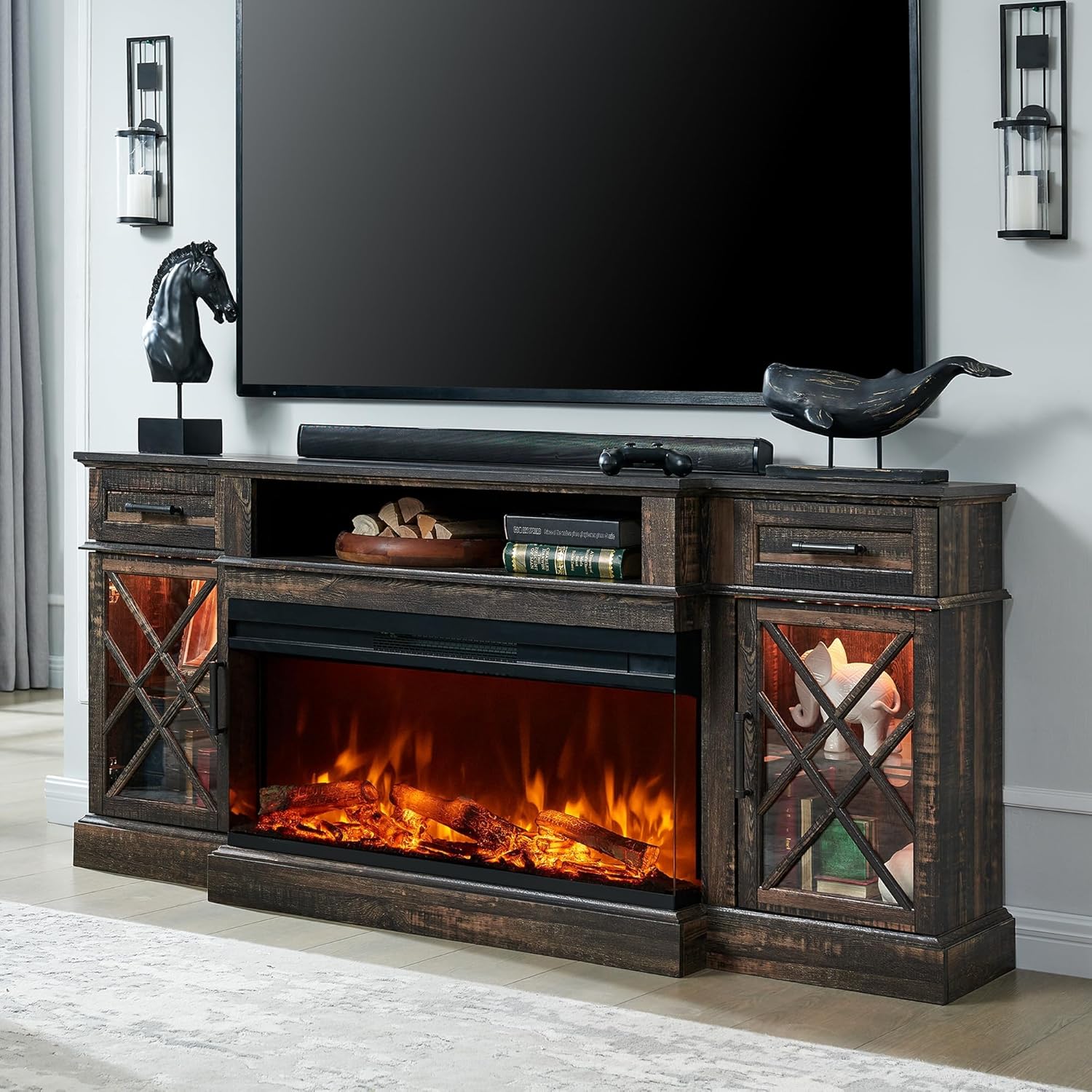 OKD Farmhouse Fireplace TV Stand - 70 Inch Entertainment Center