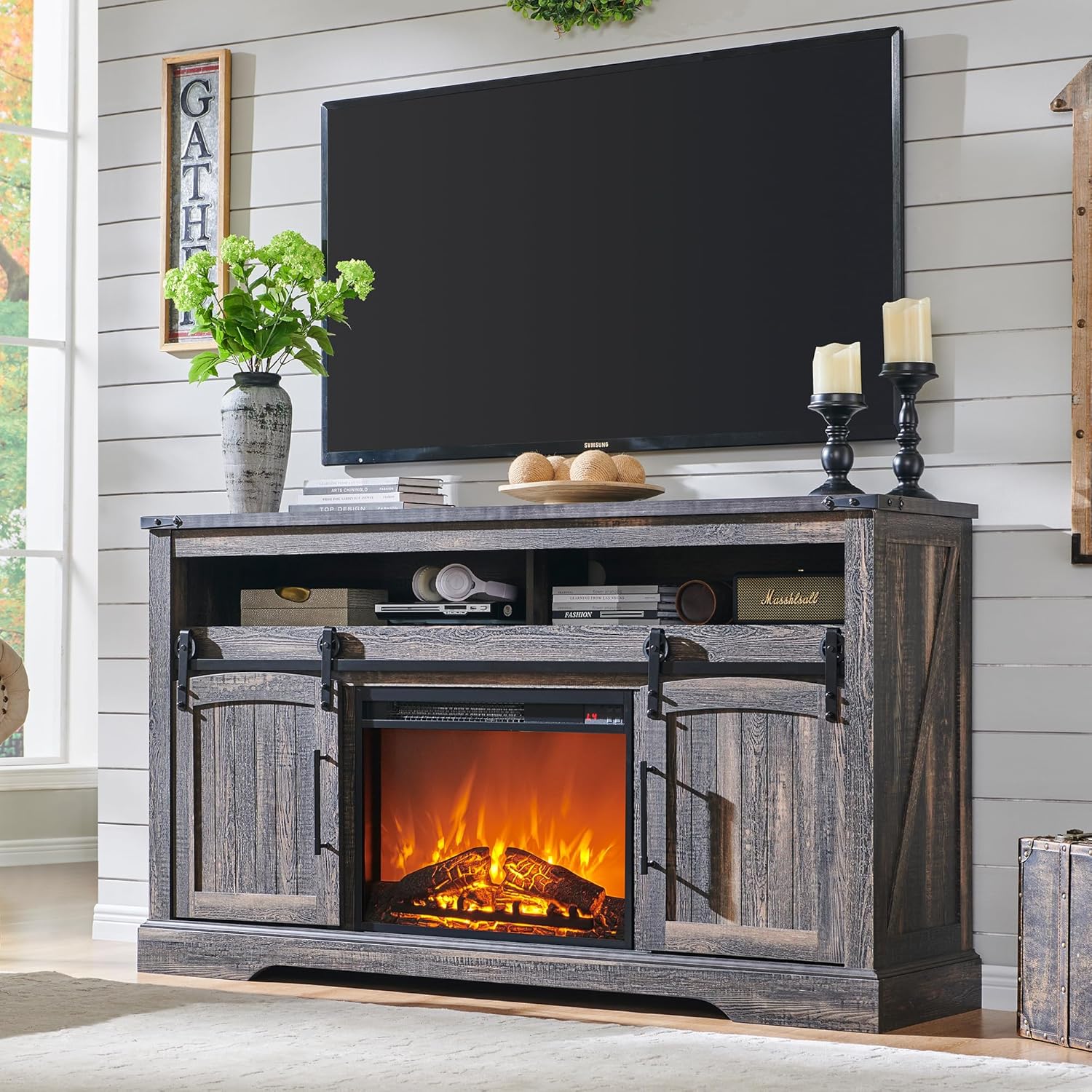 OKD Farmhouse Fireplace TV Stand for 70+ Inch TV