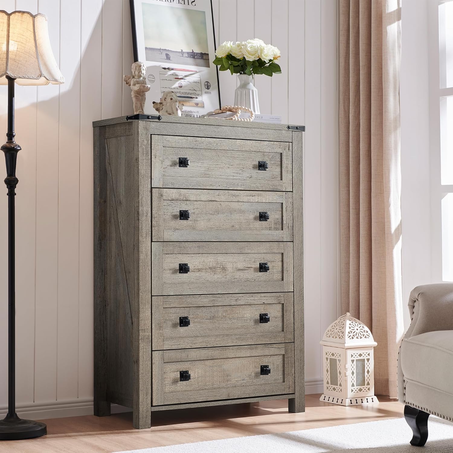 T4TREAM Farmhouse 5 Drawer Dresser - Rustic Wood Chest