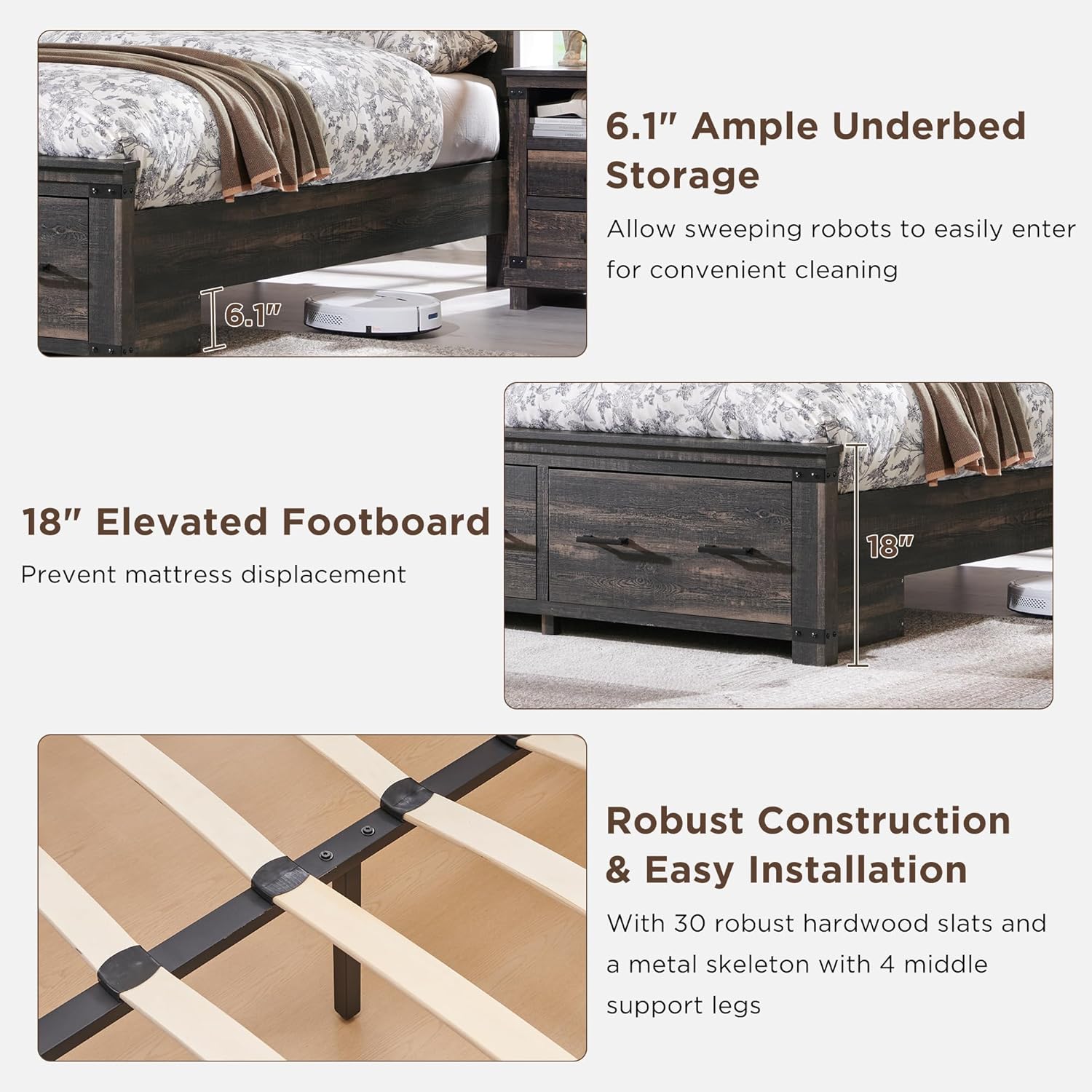 Farmhouse King Size Wood Bed Frame with Storage Drawers