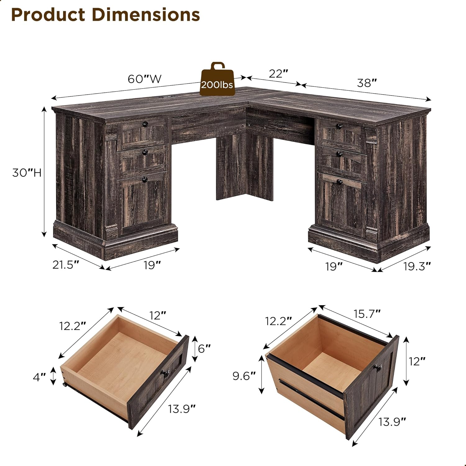 Farmhouse Rustic 60" L-Shaped Executive Desk with Charging Station
