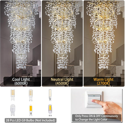63'' Long Crystal Chandelier for High Ceiling, 28-Light Modern Gold Tree Branch Chandelier, Large Chandeliers for Foyer Entryway Staircase Living Room, 5-Tier Luxury K9 Crystal Raindrop Light Fixture