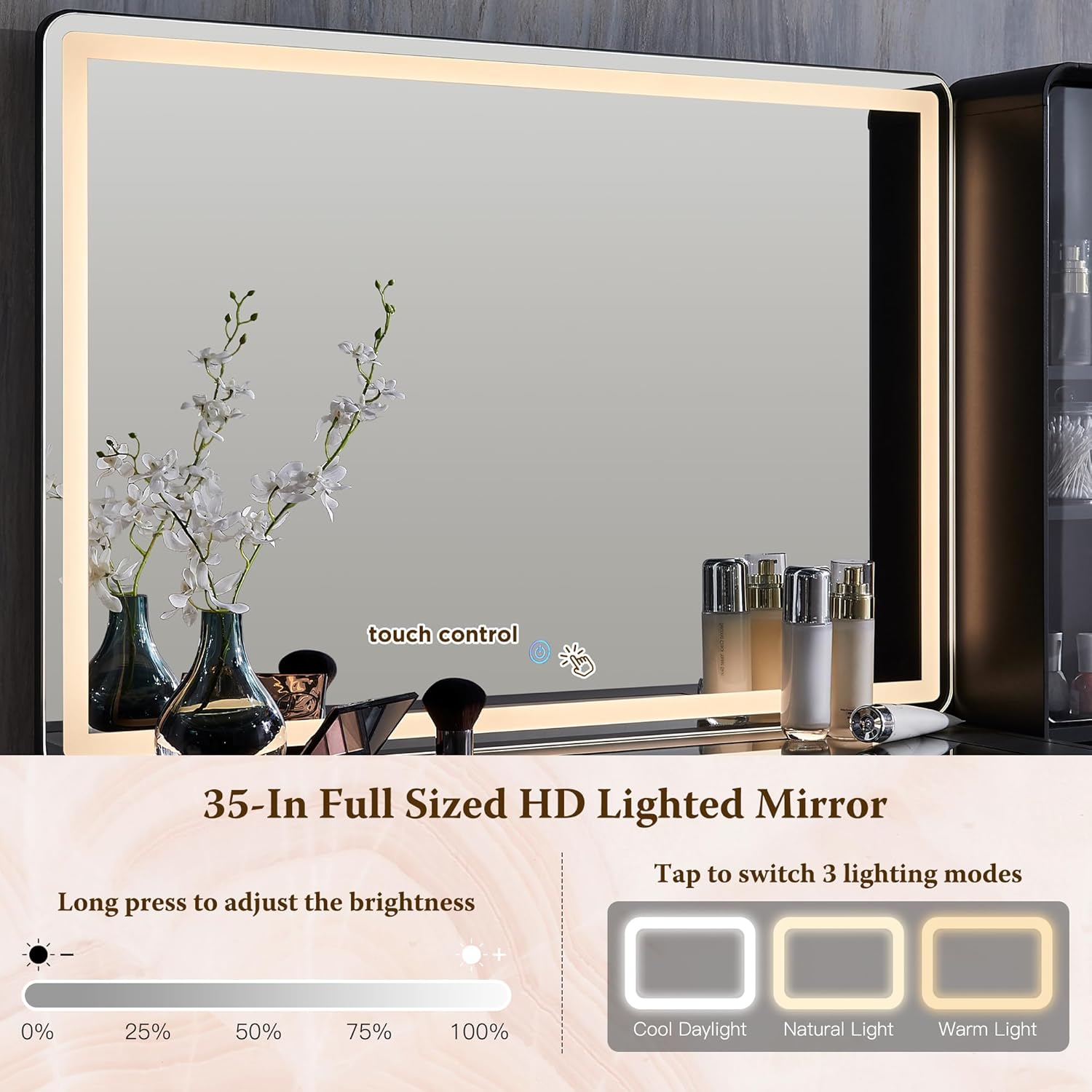 Fluted Makeup Vanity Desk with Lighted Mirror and Charging Station