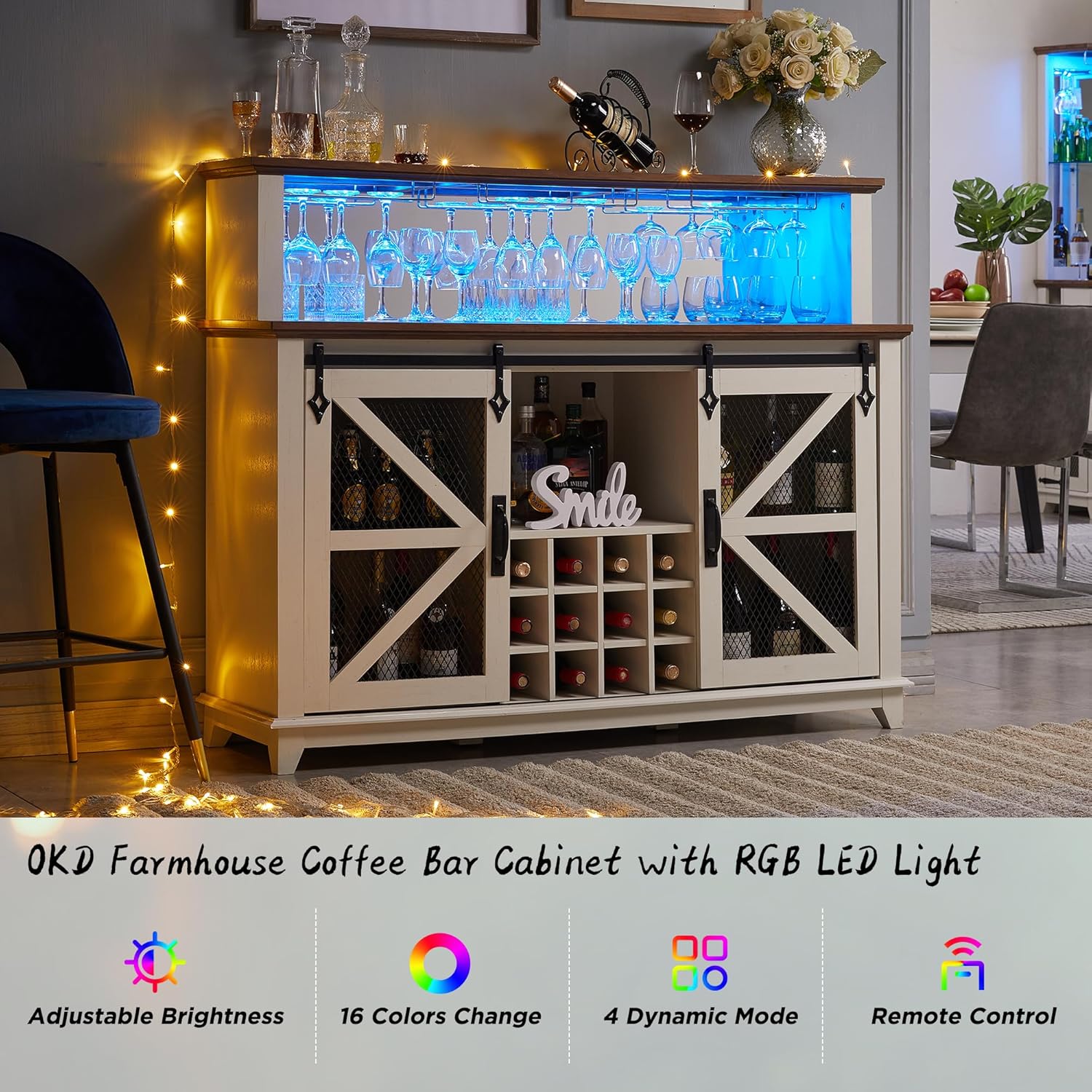 Farmhouse Coffee Bar Cabinet with LED Lights Antique White, 55-Inch
