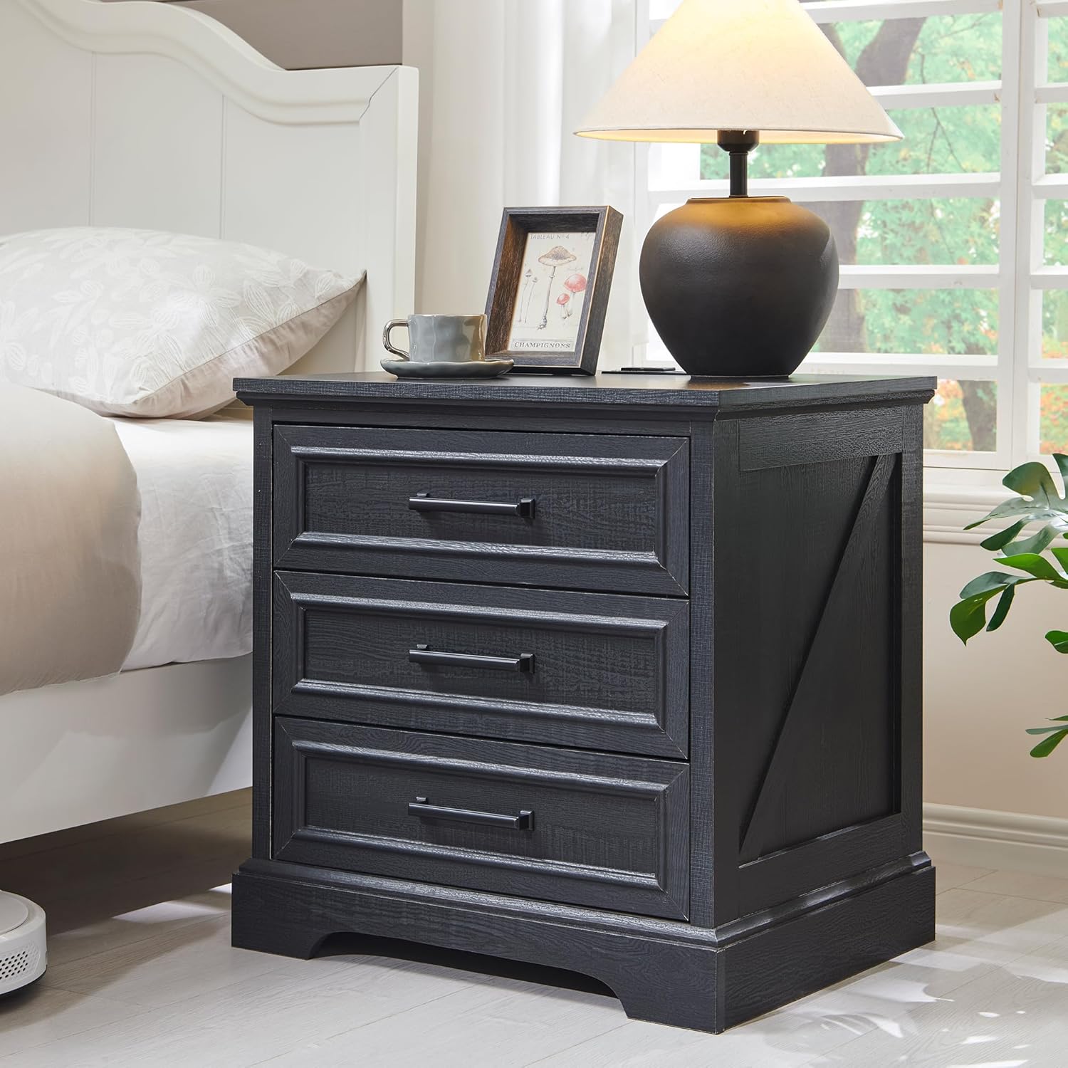 Farmhouse Nightstand with Charging Station Wide End Table Dresser Black
