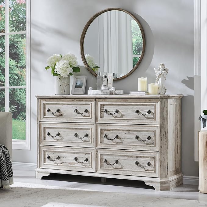 Wide Rustic Farmhouse 6-Drawer Dresser | Distressed White Wood