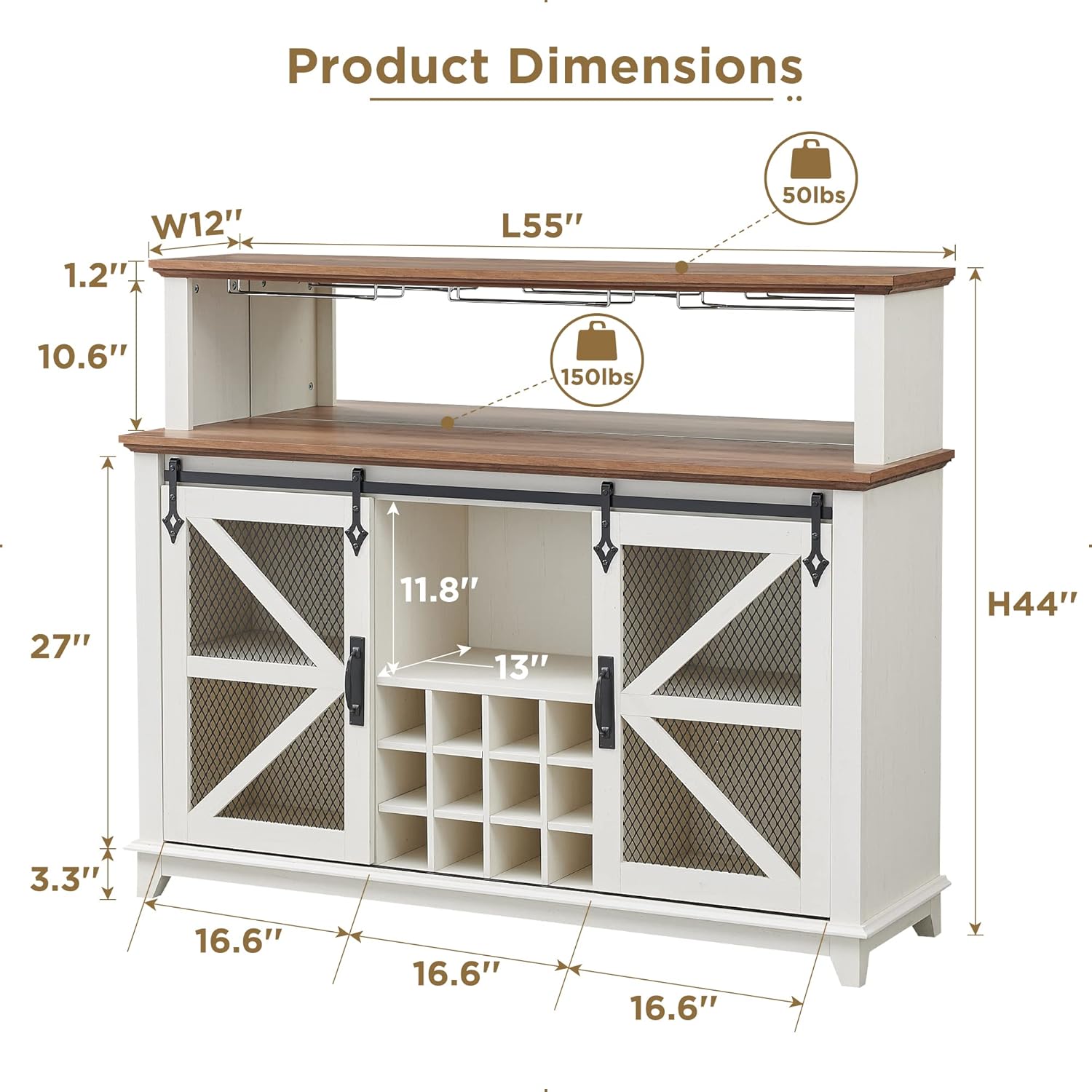 Farmhouse Coffee Bar Cabinet with LED Lights Antique White, 55-Inch
