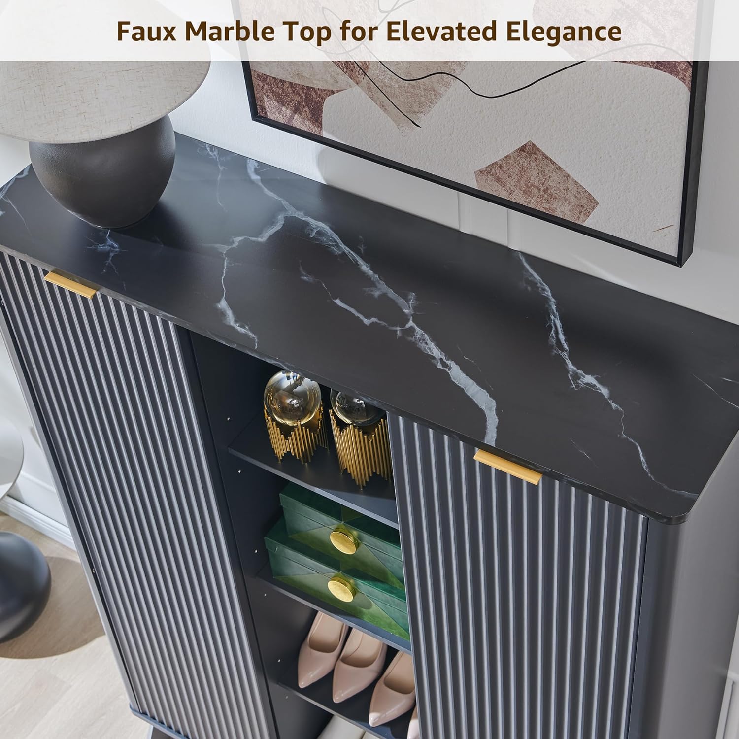 Fluted Shoe Storage Cabinet with Sliding Doors and Adjustable Shelves