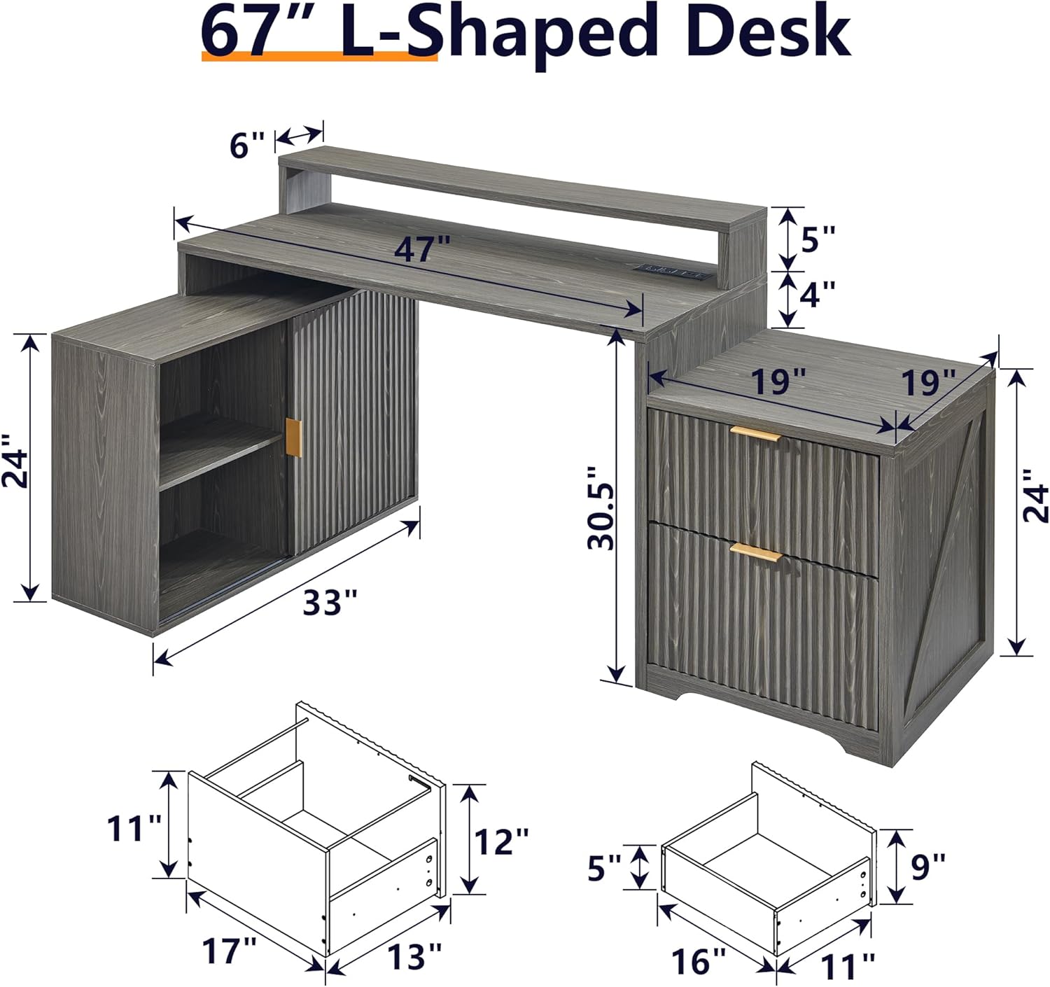 Modern 67" L-Shaped Desk with Storage & Power Outlets