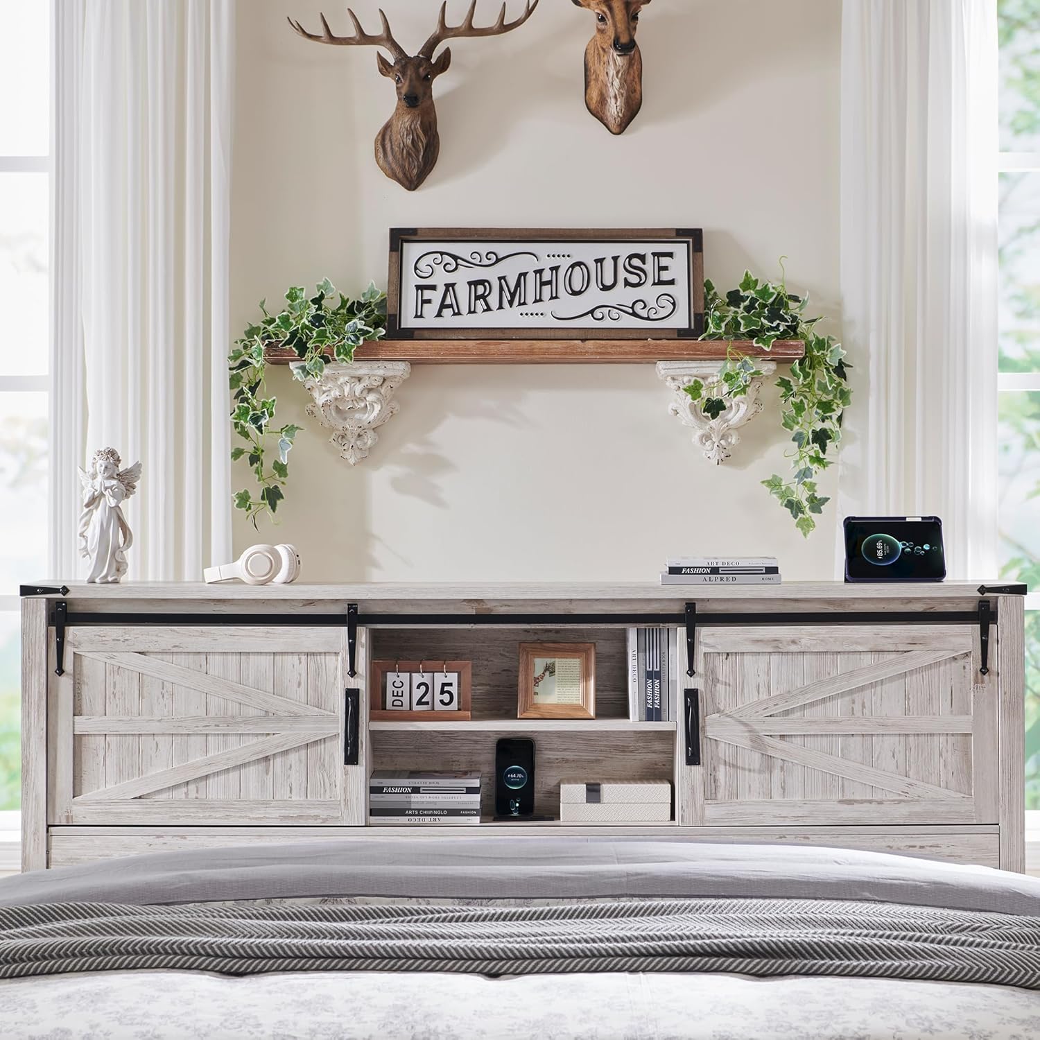 Farmhouse Queen Bed Frame with Storage Headboard, Sliding Barn Door