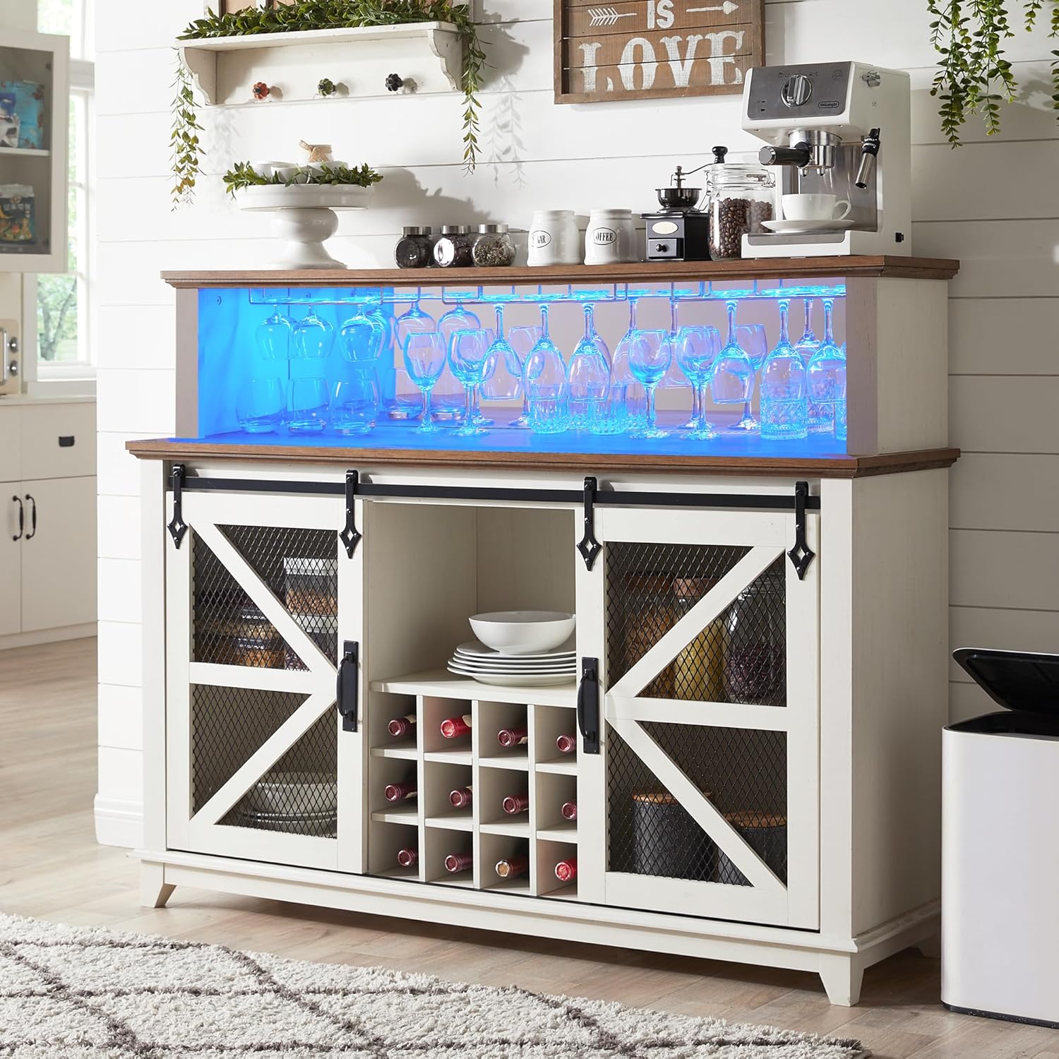 Farmhouse Coffee Bar Cabinet with LED Lights Antique White, 55-Inch