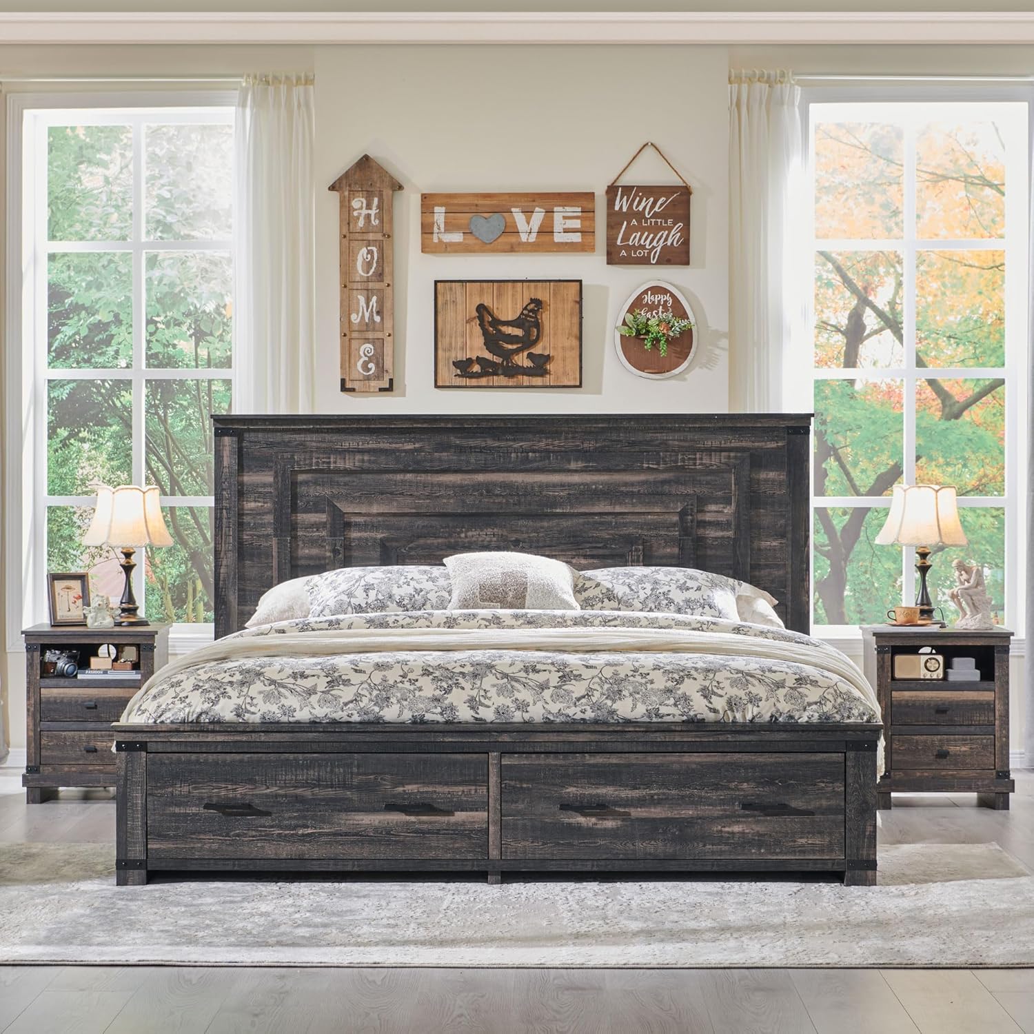 Farmhouse King Size Wood Bed Frame with Storage Drawers