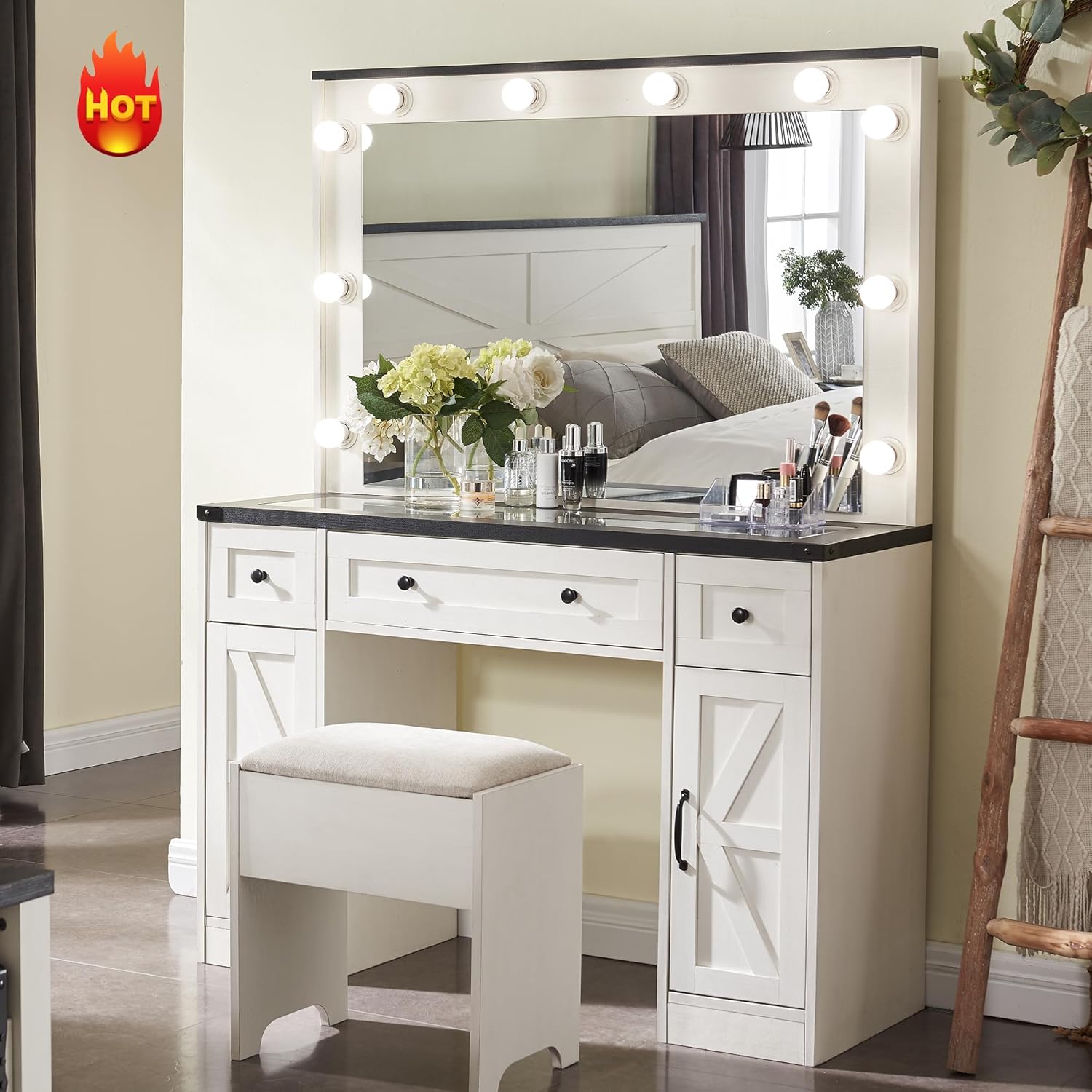 Farmhouse Vanity Desk with Hollywood Mirror, Drawers, Cabinets & Stool