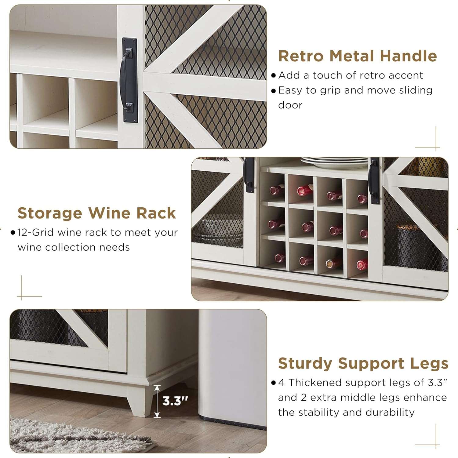 Farmhouse Coffee Bar Cabinet with LED Lights Antique White, 55-Inch
