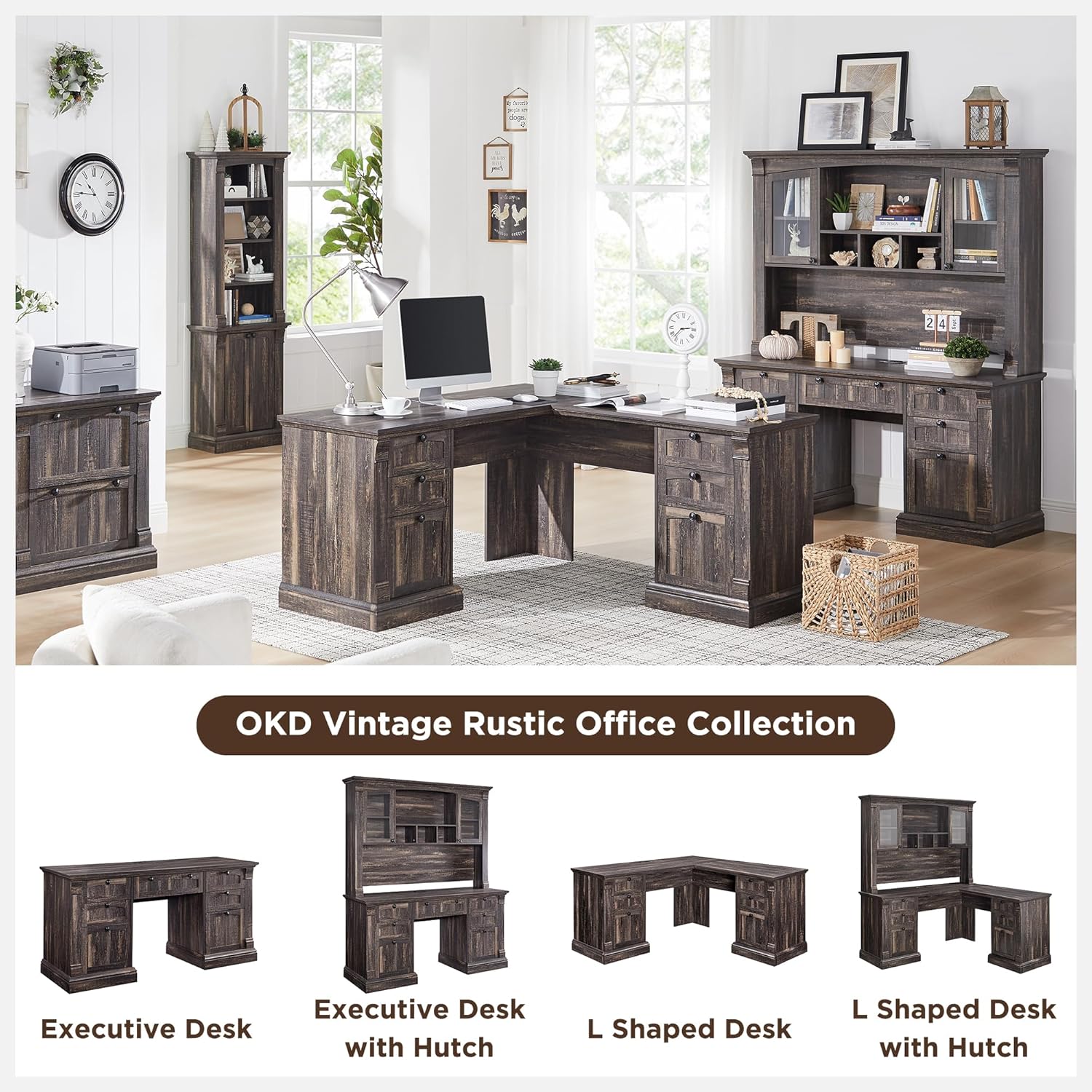 Farmhouse Rustic 60" L-Shaped Executive Desk with Charging Station