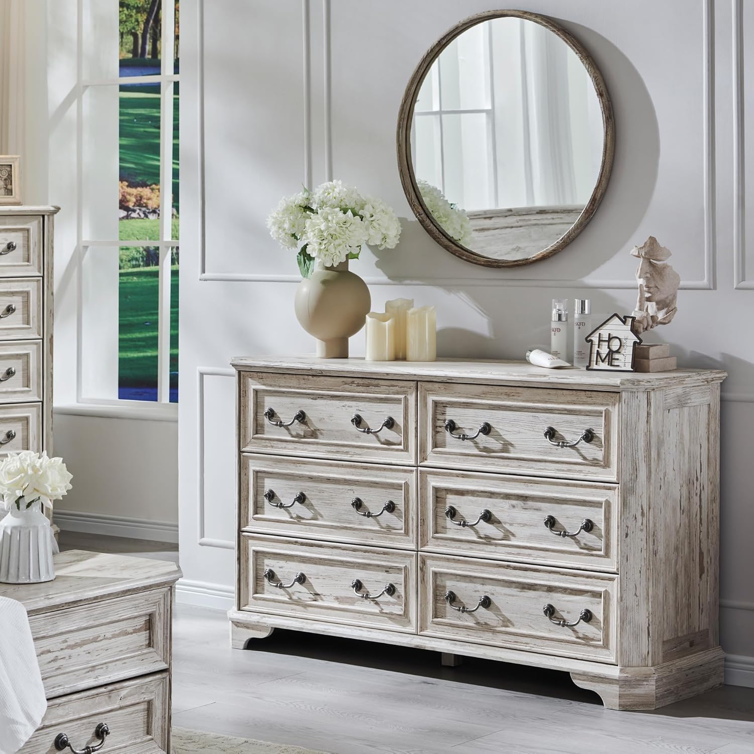 Wide Rustic Farmhouse 6-Drawer Dresser | Distressed White Wood