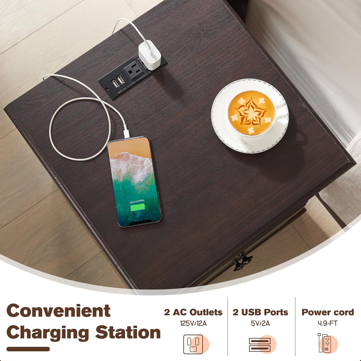 T4TREAM Espresso Nightstand with Charging Station and Two Drawers