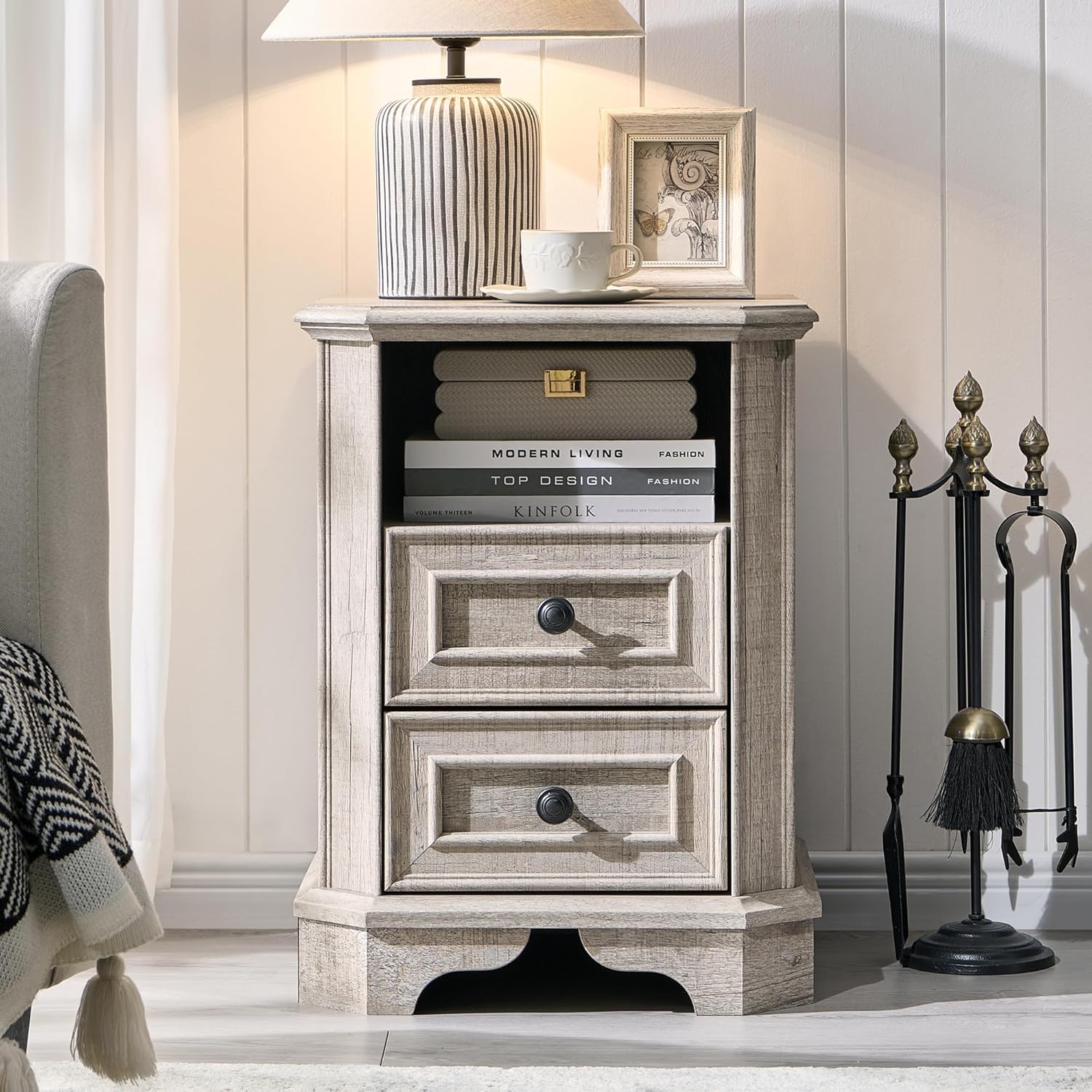 Farmhouse Nightstand with Charging Station Wood End Table Bedside Cabinet