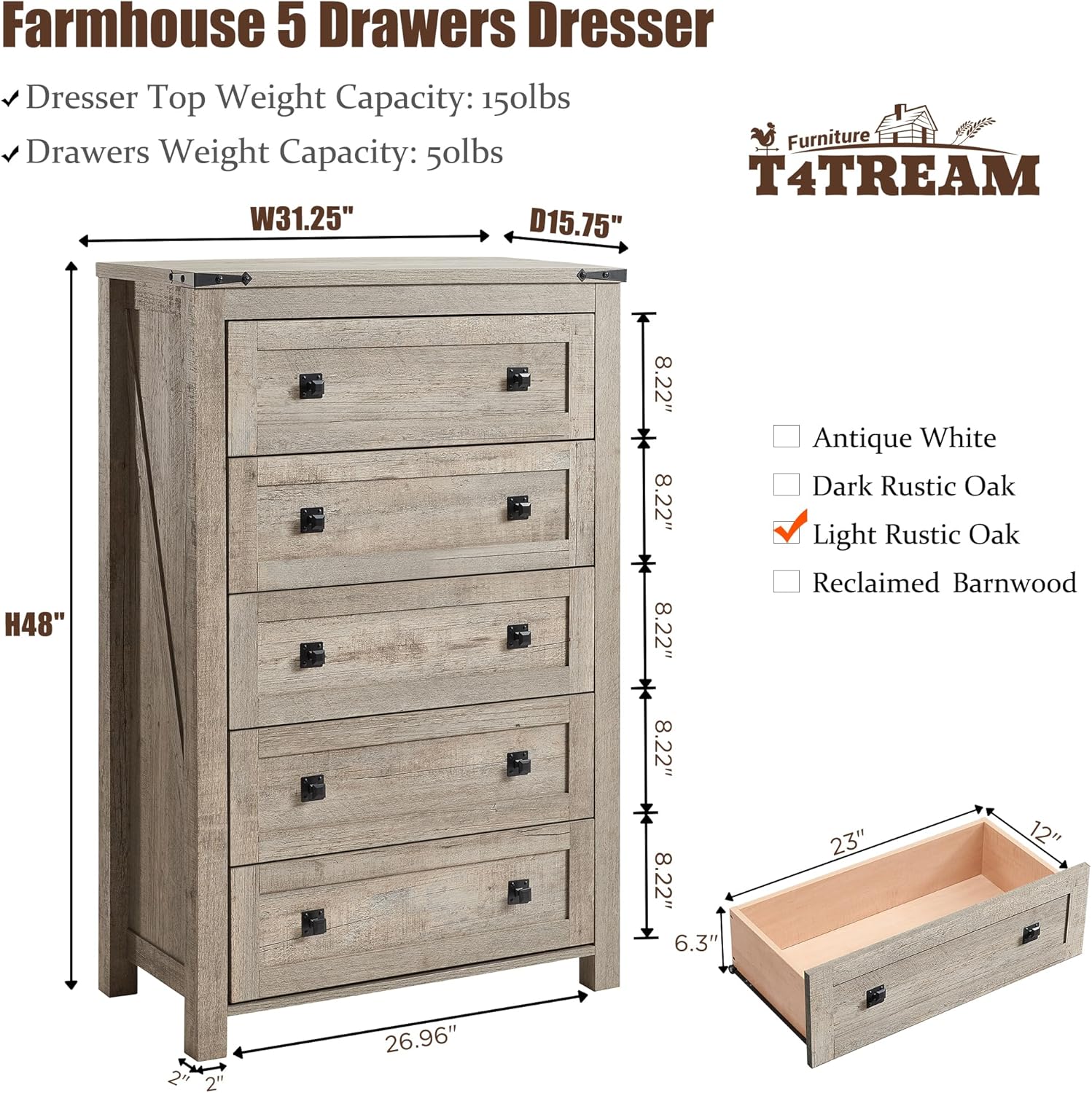 T4TREAM Farmhouse 5 Drawer Dresser - Rustic Wood Chest