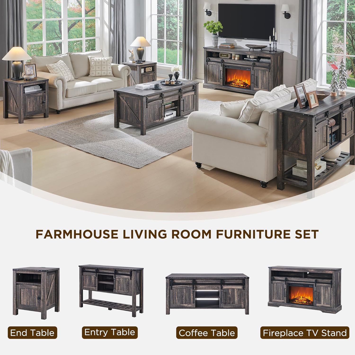 OKD Farmhouse Fireplace TV Stand for 70+ Inch TV