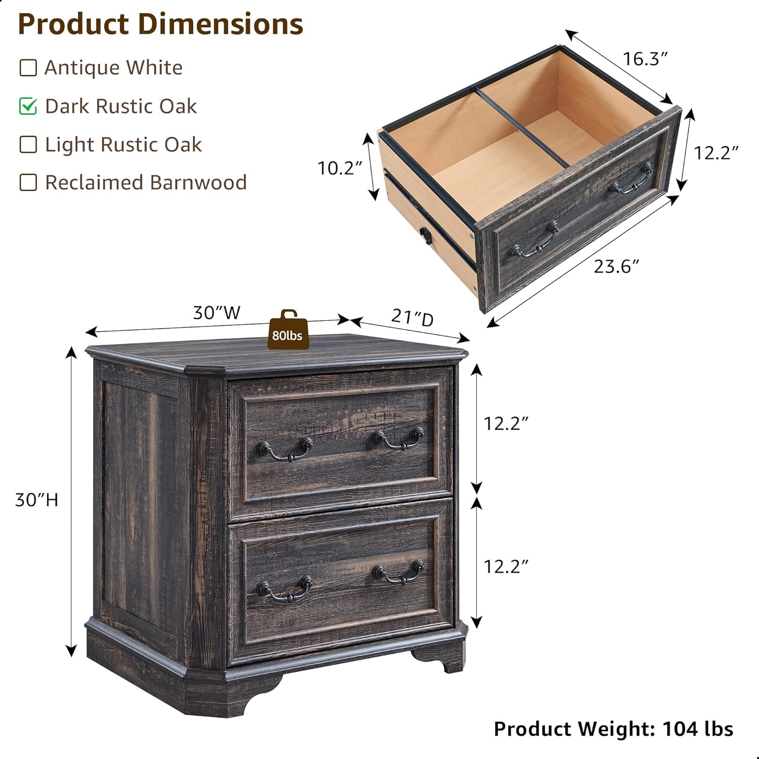 T4TREAM Rustic Oak 2-Drawer File Cabinet with Extended Desktop